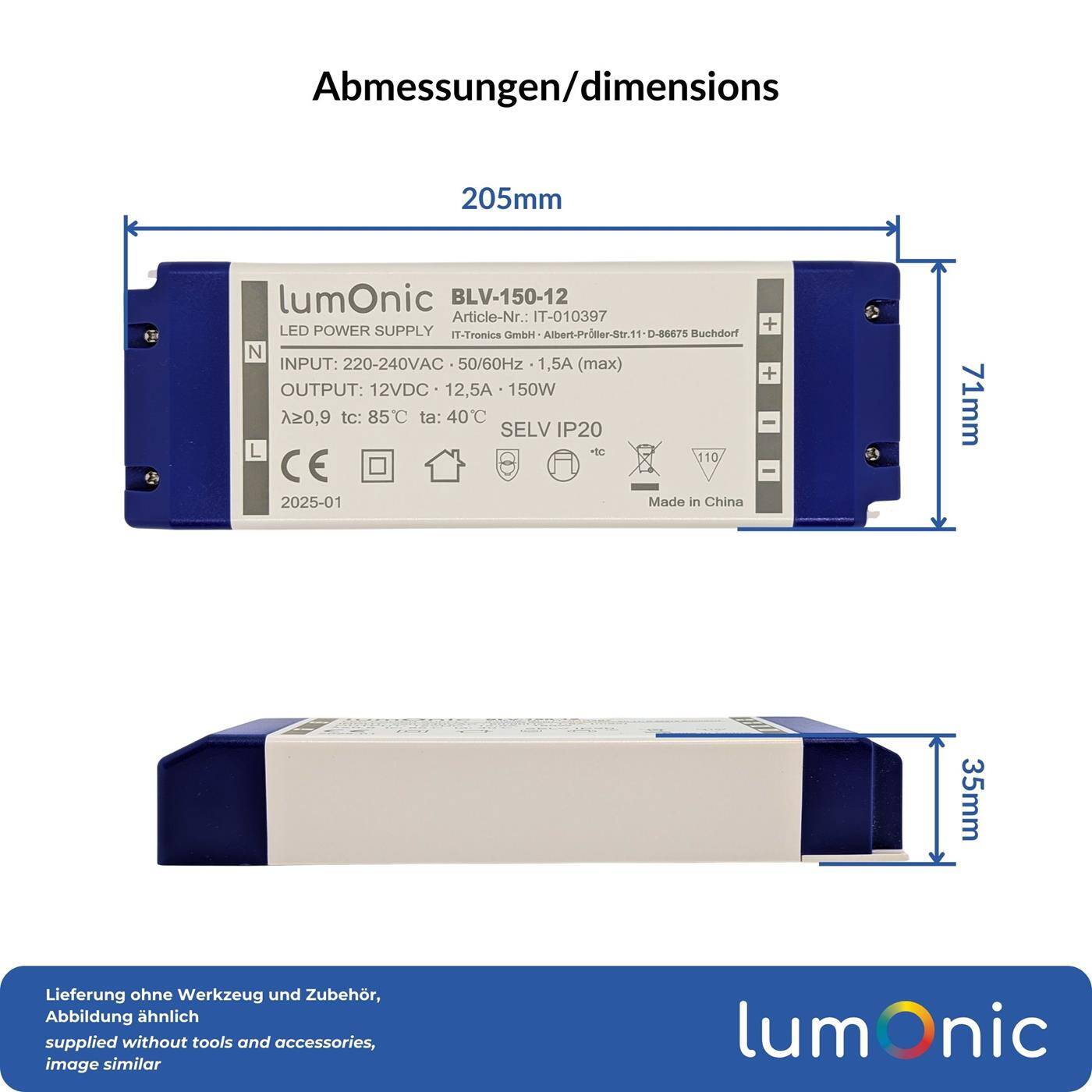 Lumonic I LED transformer BLV-150-12 I 12V 150W I Input 220-230VAC I flicker-free I Overload protection I LED power supply unit I for LED lighting