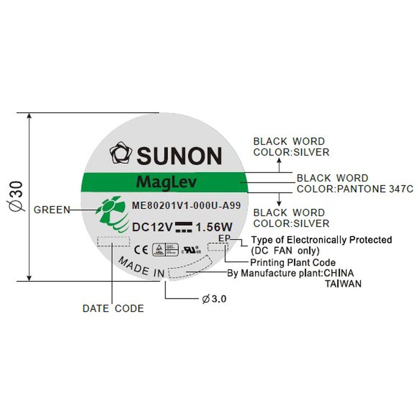 Lüfter 12V DC 1,56W 80x80x20mm 61,1m³/h 3300U/Min 61,1m³/h Sunon ME80201V1-A99