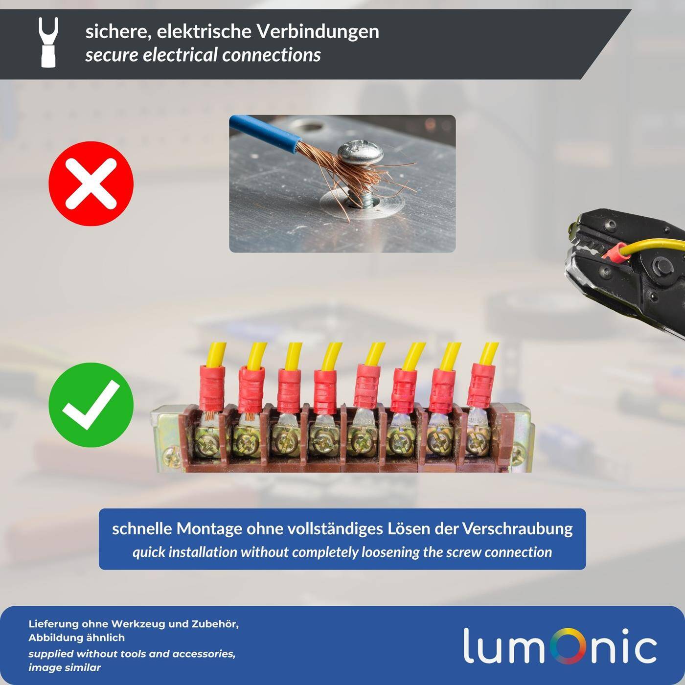 Lumonic 25x Gabelkabelschuh 4,0-6,0mm² teilisoliert | M4 | Kupfer verzinnt | sichere Kabelverbindung ohne Löten | Set mit 25 Stück Crimp-Kabelschuh, Quetschverbinder | KFZ, Maschinenbau, Wohnmobil, Batterie
