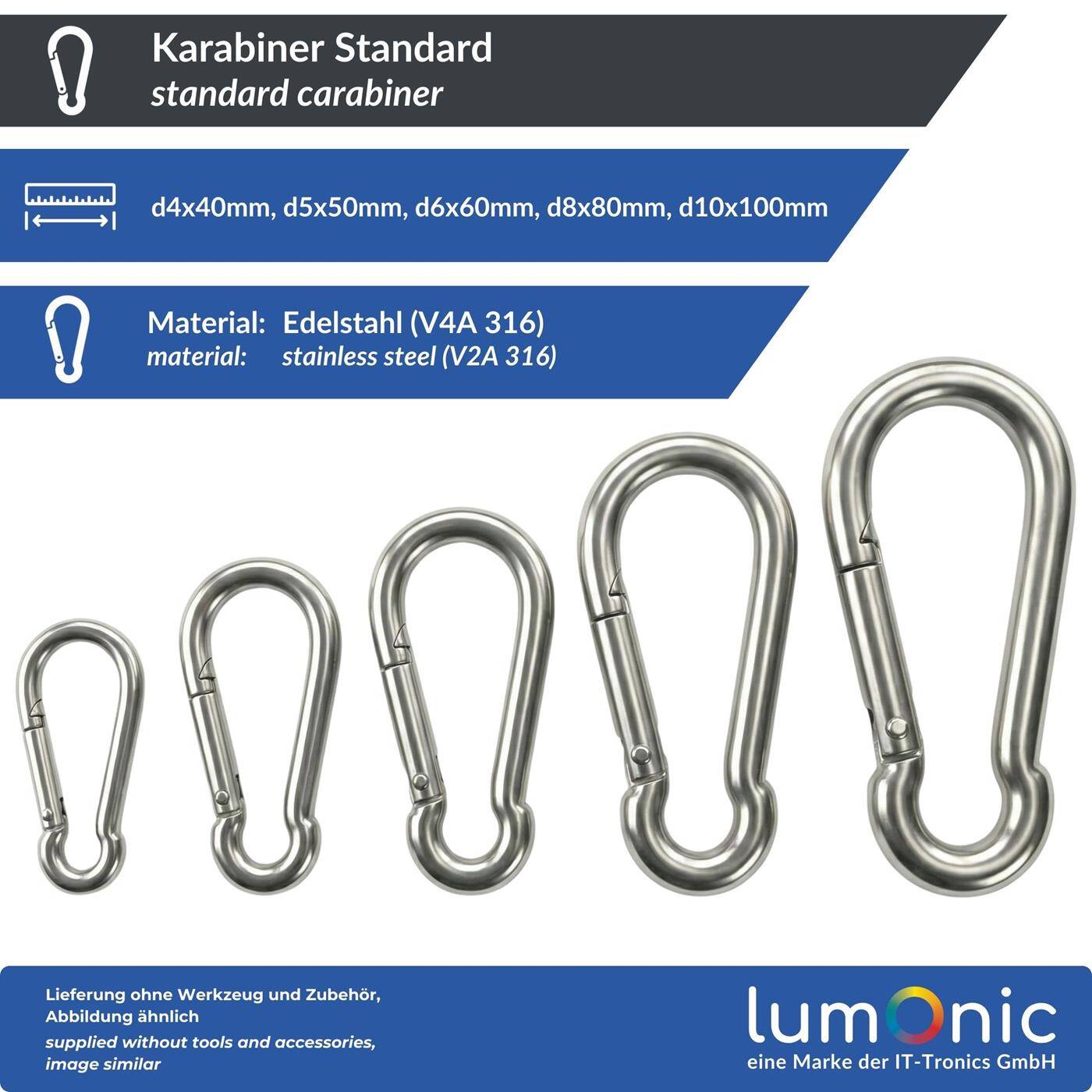 Lumonic Standard V4A stainless steel carabiner | 5x50mm | Stainless + seawater resistant | for awnings, hammocks, dogs, camping