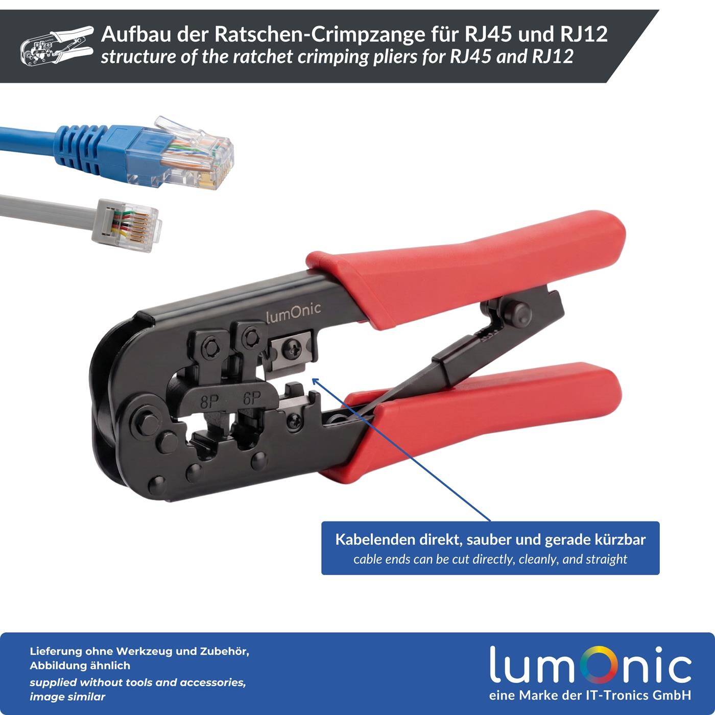 Lumonic Ratchet crimping pliers for RJ45 and RJ12 - ratchet mechanism, metal body, RJ45 and RJ12 dies, for all CAT classes, network crimping pliers for network connectors