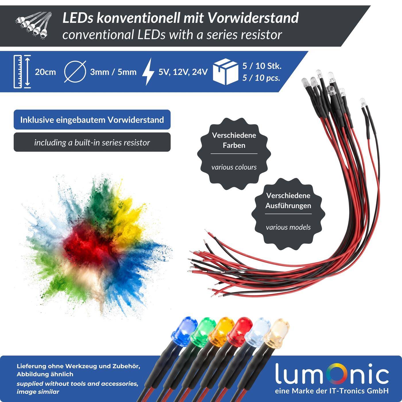 Lumonic 5x Superhelle LEDs mit Vorwiderstand für 12V Anwendungen - High Power LEDs mit Anschlusskabel zum selber Löten DIY in Farbe Gelb - Durchmesser: 3mm