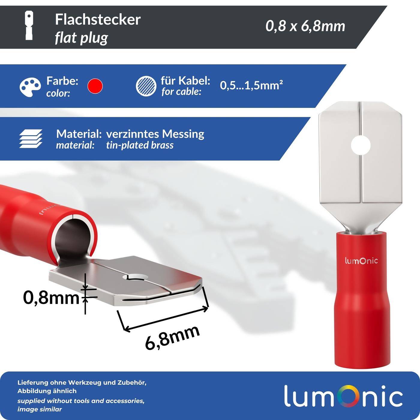 Lumonic 25x Flachstecker 0,5-1,5mm²  | für Flachsteckhülse 0,8 x 6,4mm | teilisoliert | Kabelverbinder ohne Löten | Messing verzinnt | KFZ, Maschinenbau