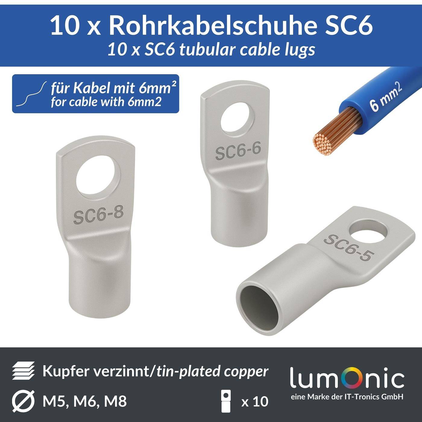10x Rohrkabelschuh blank 6mm² Lochdurchmesser M5 SC6-5 Ringzunge Kupfer verzinnt