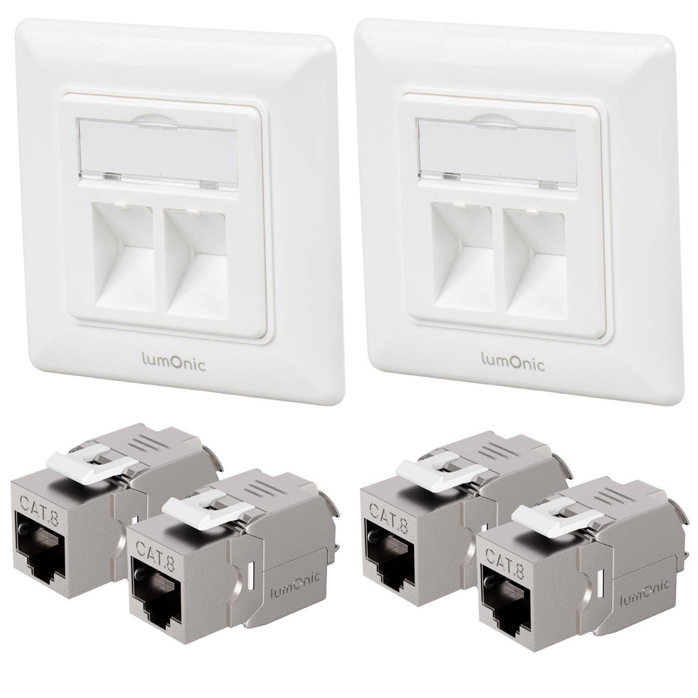 2er Set Keystone-Rahmen Unterputz inklusive 2x CAT8 Modul, 2-Port Snap-In I werkzeuglose Montage, Standard 55 System, Ethernet-Buchse bis zu 40 Gbit für AWG22-24, RJ45 vollgeschirmt,