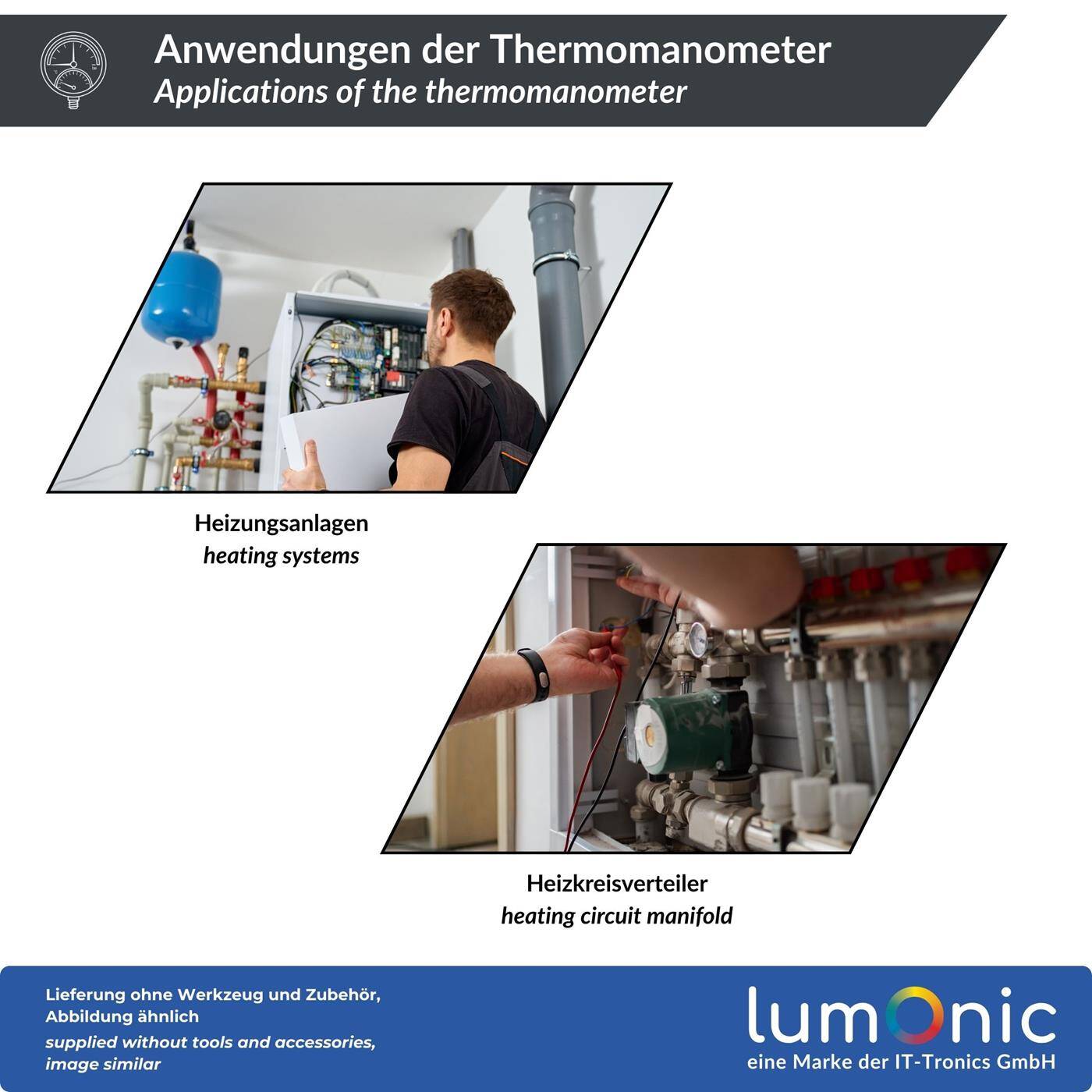 Lumonic Thermomanometer 6bar 0-120°C | 1/4 + 1/2 Zoll (Adapter) | Anschluss unten | Ø 80mm, große Skala | Heizung Manometer | Metallgehäuse