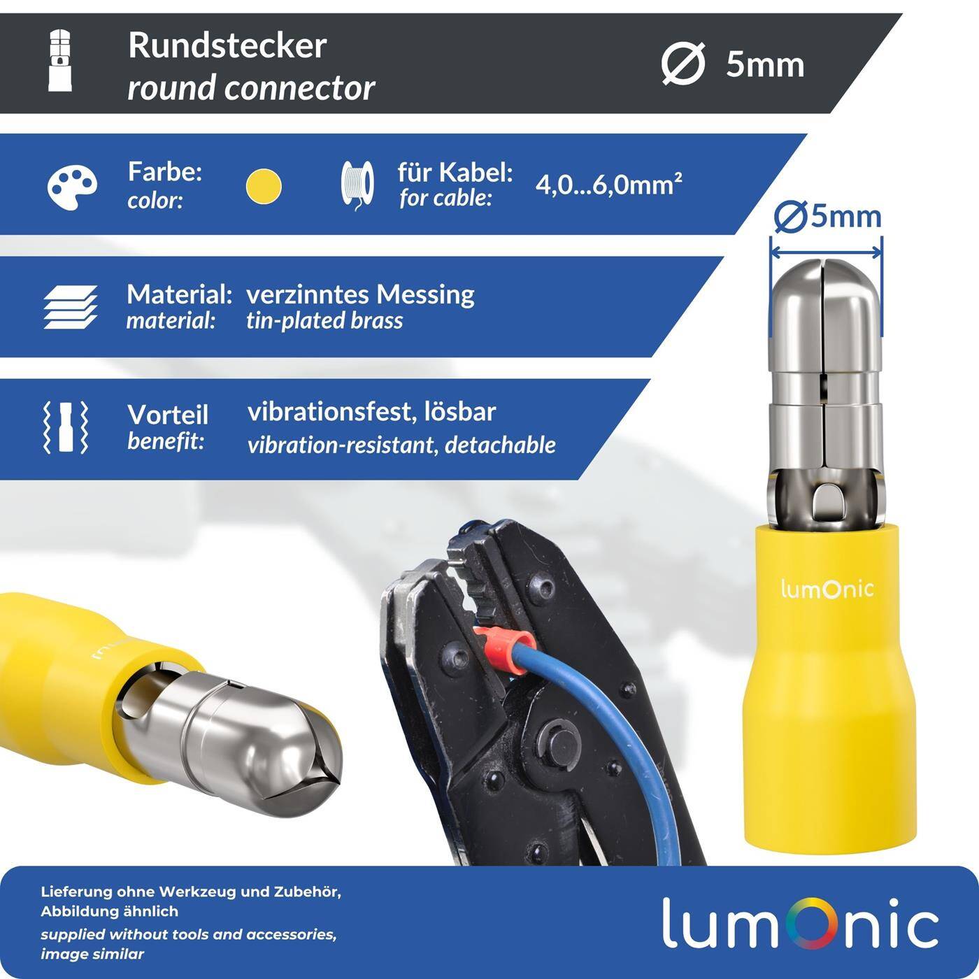 25x Rundstecker vollisoliert 4-6mm² Stiftdurchmesser 5mm Gelb Steckverbinder Zinn