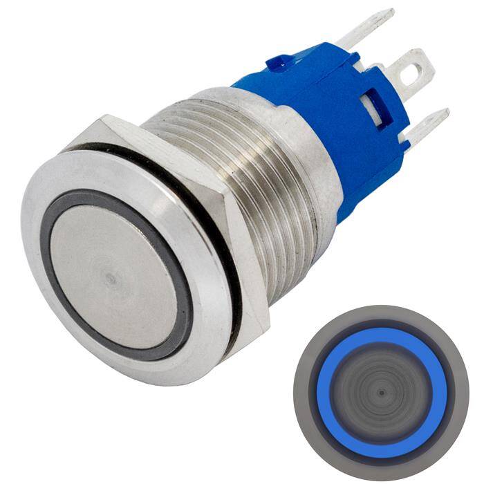 Edelstahl Drucktaster Flach Ø19mm Ring LED Blau IP65 2,8x0,5mm Pins 250V 3A Vandalismussicher