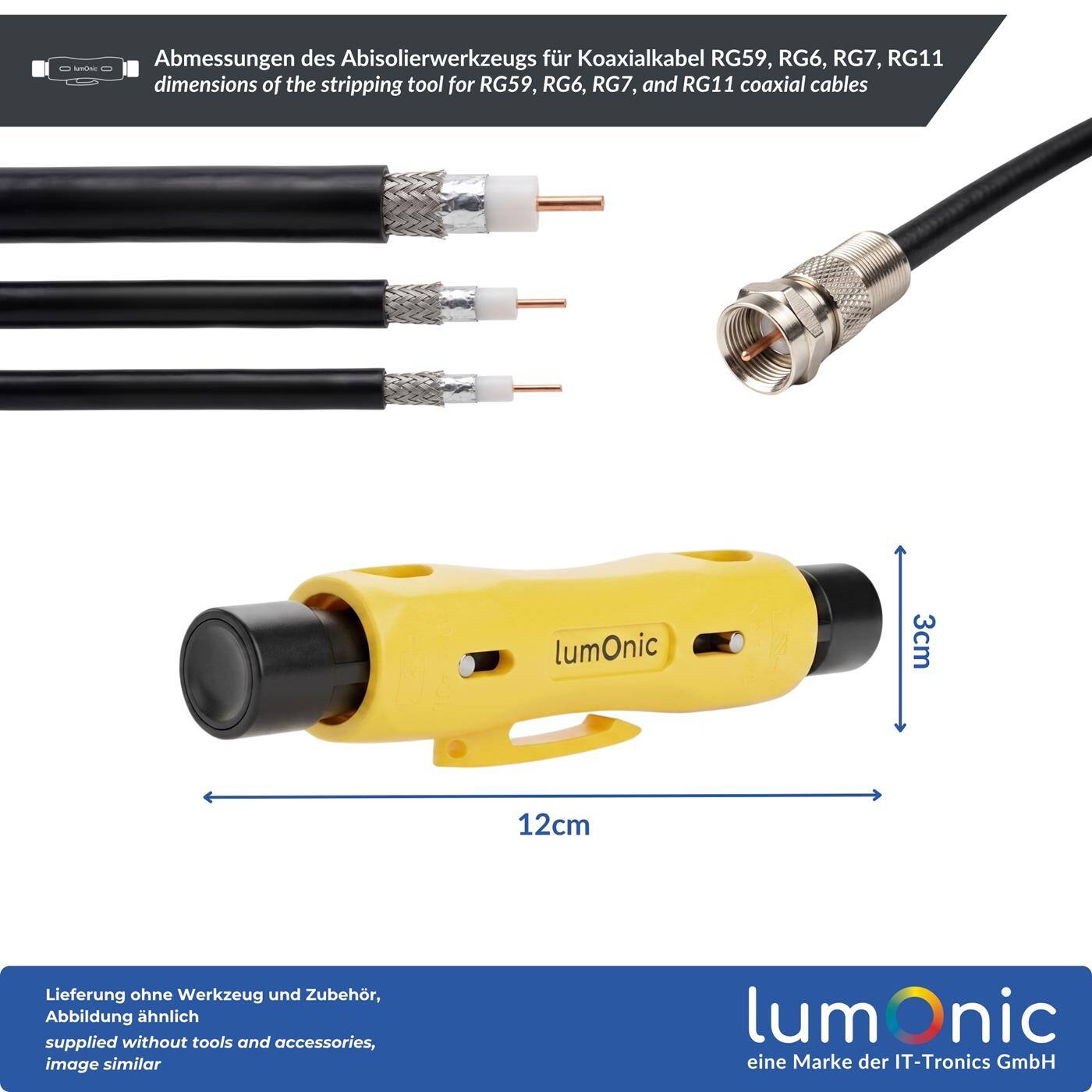 Lumonic Abisolierwerkzeug für Koaxialkabel RG59, RG6, RG7, RG11 - doppelseitig für zwei Kabelgrößen, Abmantelungswerkzeug, Kabelabisolierer, Klinge aus Metall, für SAT und Antennenbau