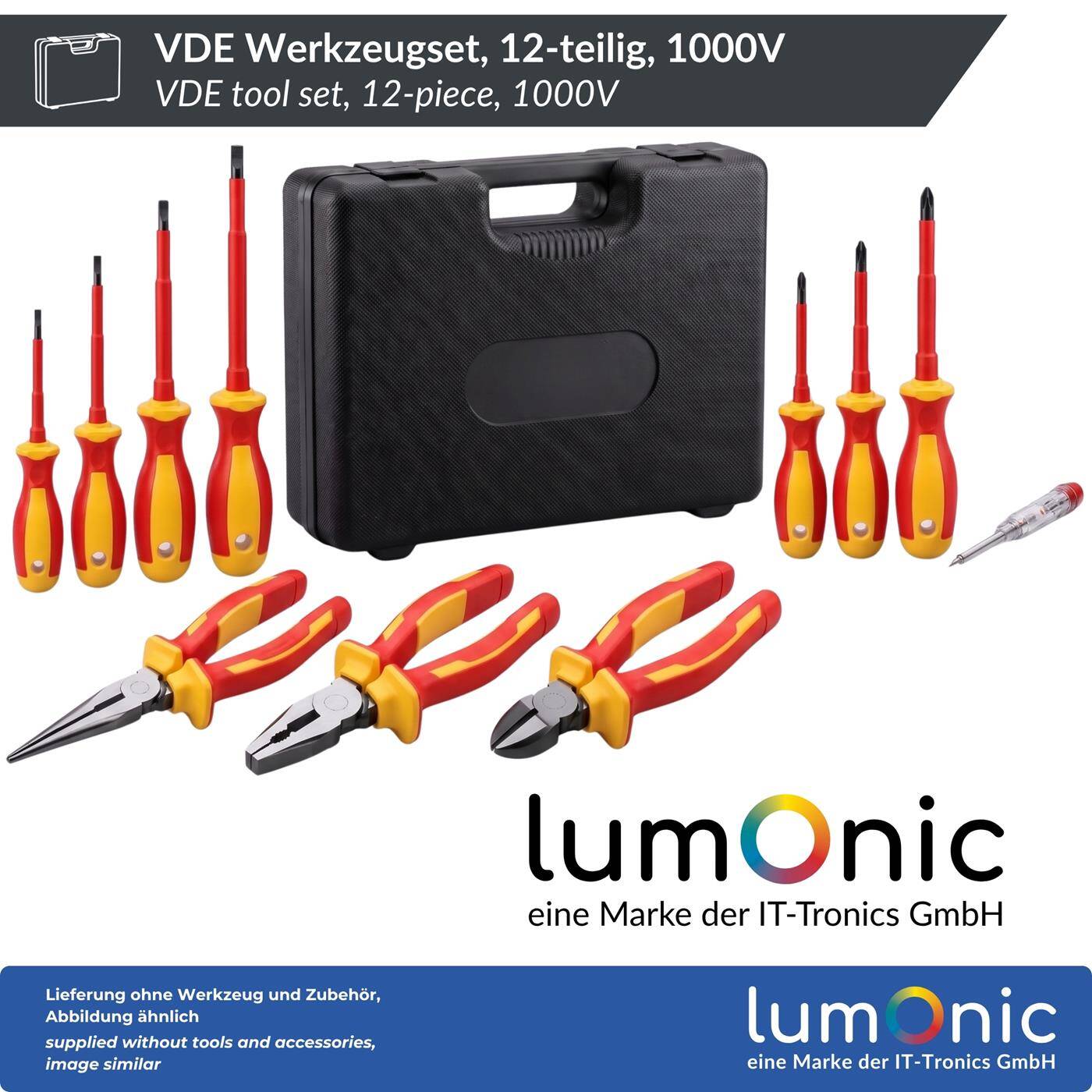 Lumonic VDE 12-Piece 1000V Tool Set in a Case—3 pliers, 7 screwdrivers, 250V voltage tester, plastic case, for electricians and home wiring projects