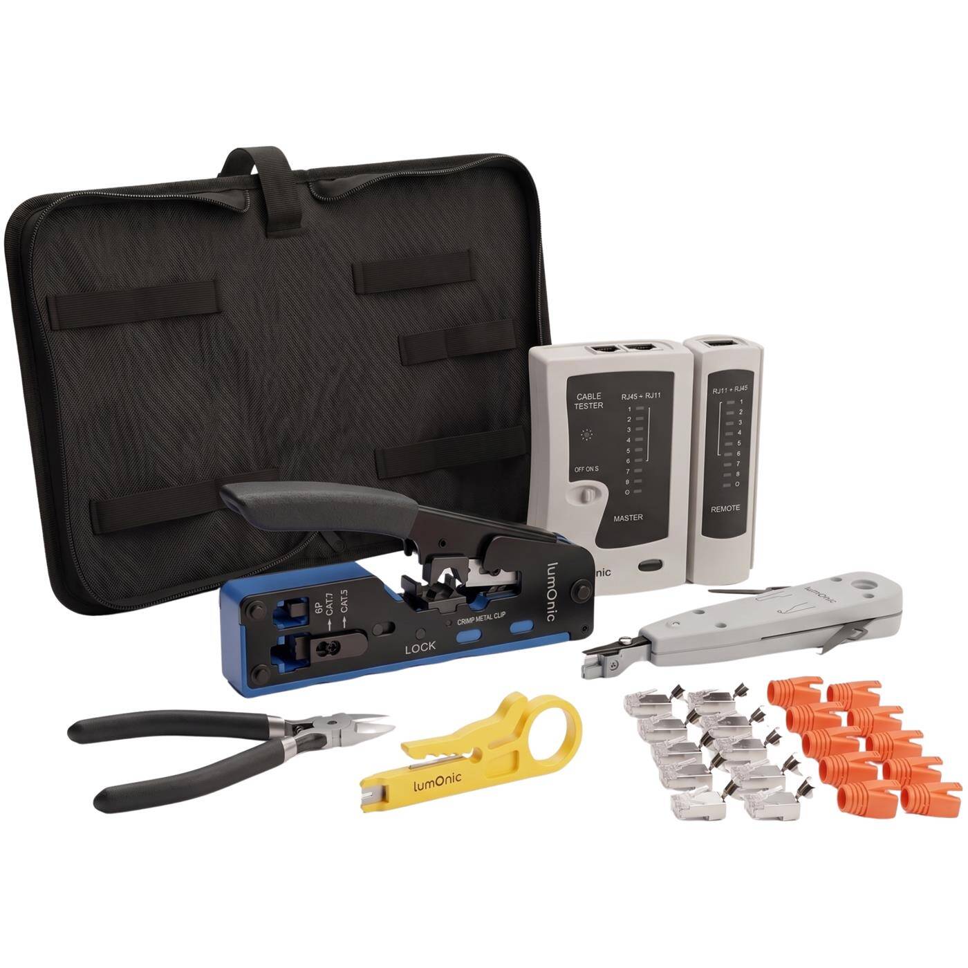 Lumonic Netzwerk-Werkzeug-Set mit Crimpzange und Netzwerktester - Pass-Through-Crimpzange und -Stecker, LSA-Auflegewerkzeug für Krone und 110, Netzwerktester RJ45/RJ11, Abisolierwerkzeug