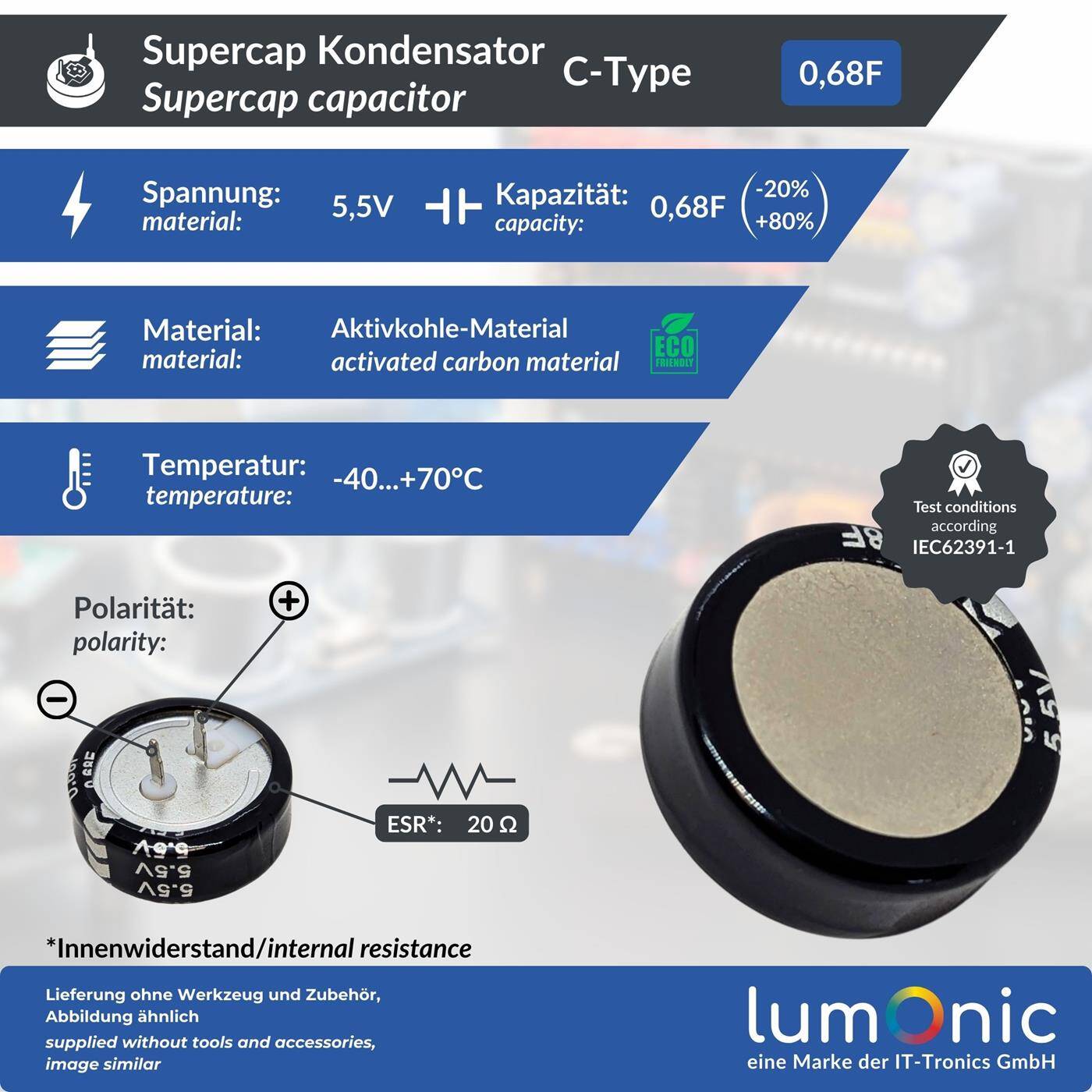 Lumonic 5x Supercap 0,68F 5,5V C-Type | EDLC for direct use, high capacity | 5.5V monoblock - no balancing necessary | Flicker protection, backup, PLC, heating
