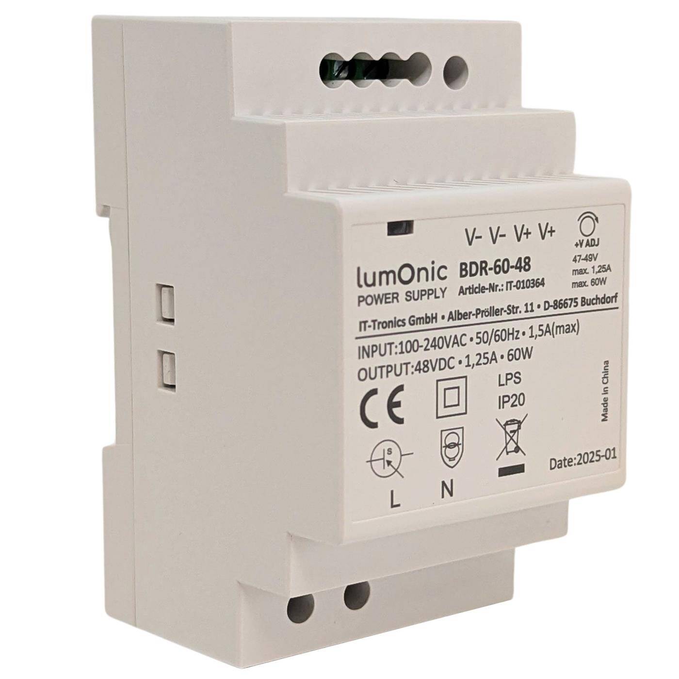 Lumonic I Top-hat rail power supply unit BDR-60-48 I 48V / 60W I Input 100-240VAC I Overload protection I DIN-Rail switching power supply I Switch cabinet