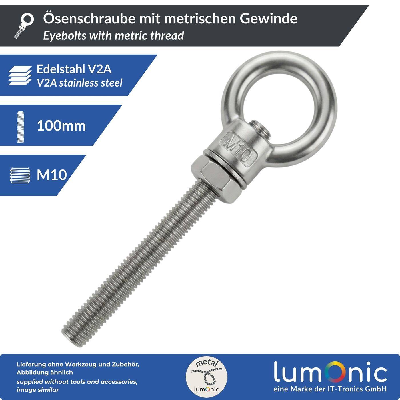 Eye bolt V2A stainless steel M10x100mm  Push-through mounting Eyebolt for awning hammock swing + chains incl. nut + washer