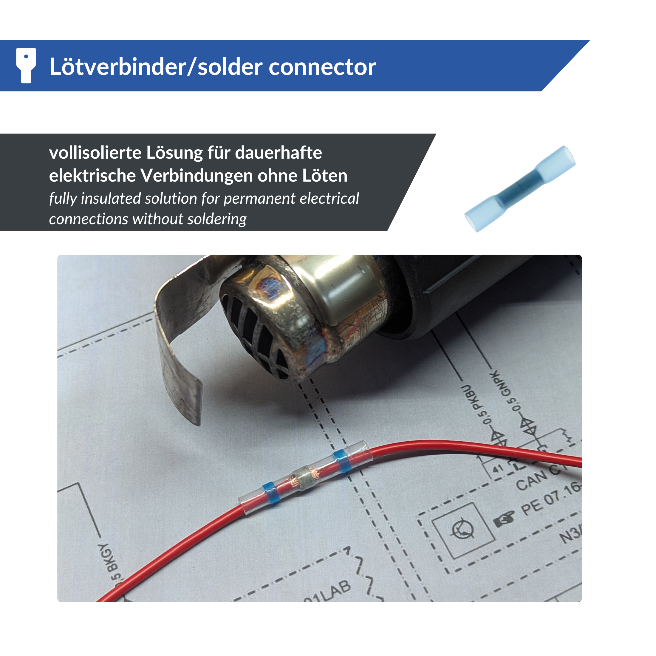 Bild einer Lötverbinderverpackung mit dem Titel „Lötverbinder/lötverbinder“. Darunter ist ein teilweise montierter Kabelverbinder mit roten Drähten auf technischen Zeichnungen abgebildet. Der Text bezeichnet ihn als „vollständig isolierte Lösung für dauer