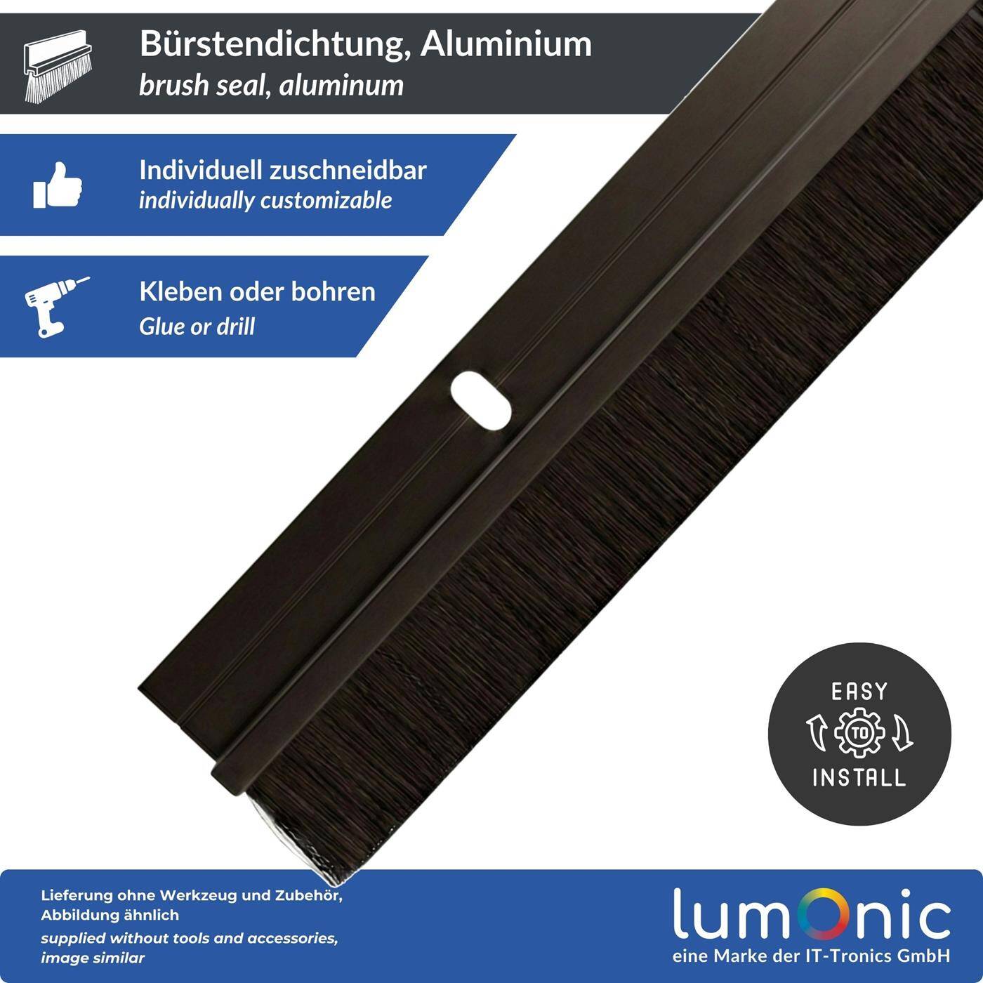 Lumonic 1m Brush seal 20mm | Aluminum profile brown | Saves heating costs | Screwable + Can be cut to size | Door bottom seal as draught excluder, cold protection, insect protection for doors