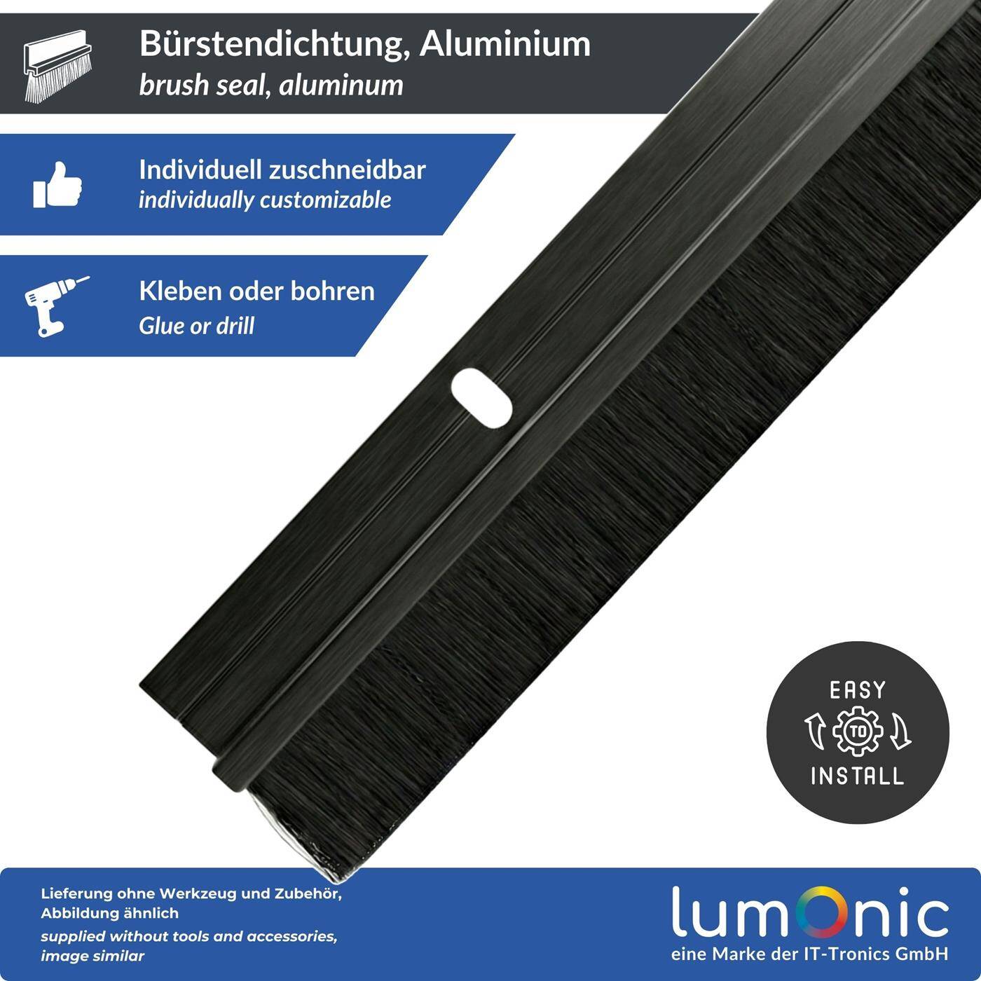 Lumonic 1m Brush seal 20mm | Aluminum profile black | Saves heating costs | Screwable + Can be cut to size | Door bottom seal as draught excluder, cold protection, insect protection for doors