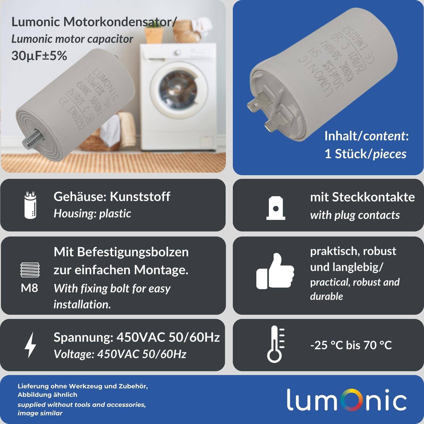 Lumonic Anlaufkondensator 30µF 450V | mit Stecker I 45x75mm I 30uF I Motorkondensator mit Kunststoffgehäuse I Betriebskondensator I für Pumpen, Rasenmäher, Werkzeuge