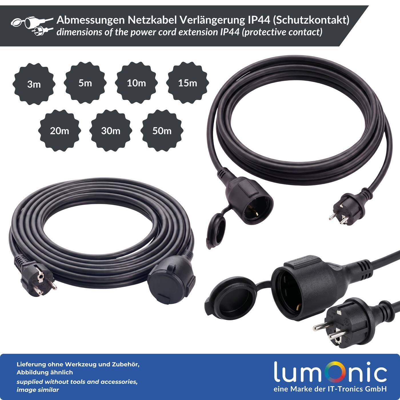 Lumonic Schuko Verlängerungskabel IP44 Gummi, Schwarz 50 m, 230 V - Flexibler Gummimantel, für Garten und Werkstatt, spritzwassergeschützt nach IP44, Buchse mit Schutzkappe und Kindersicherung