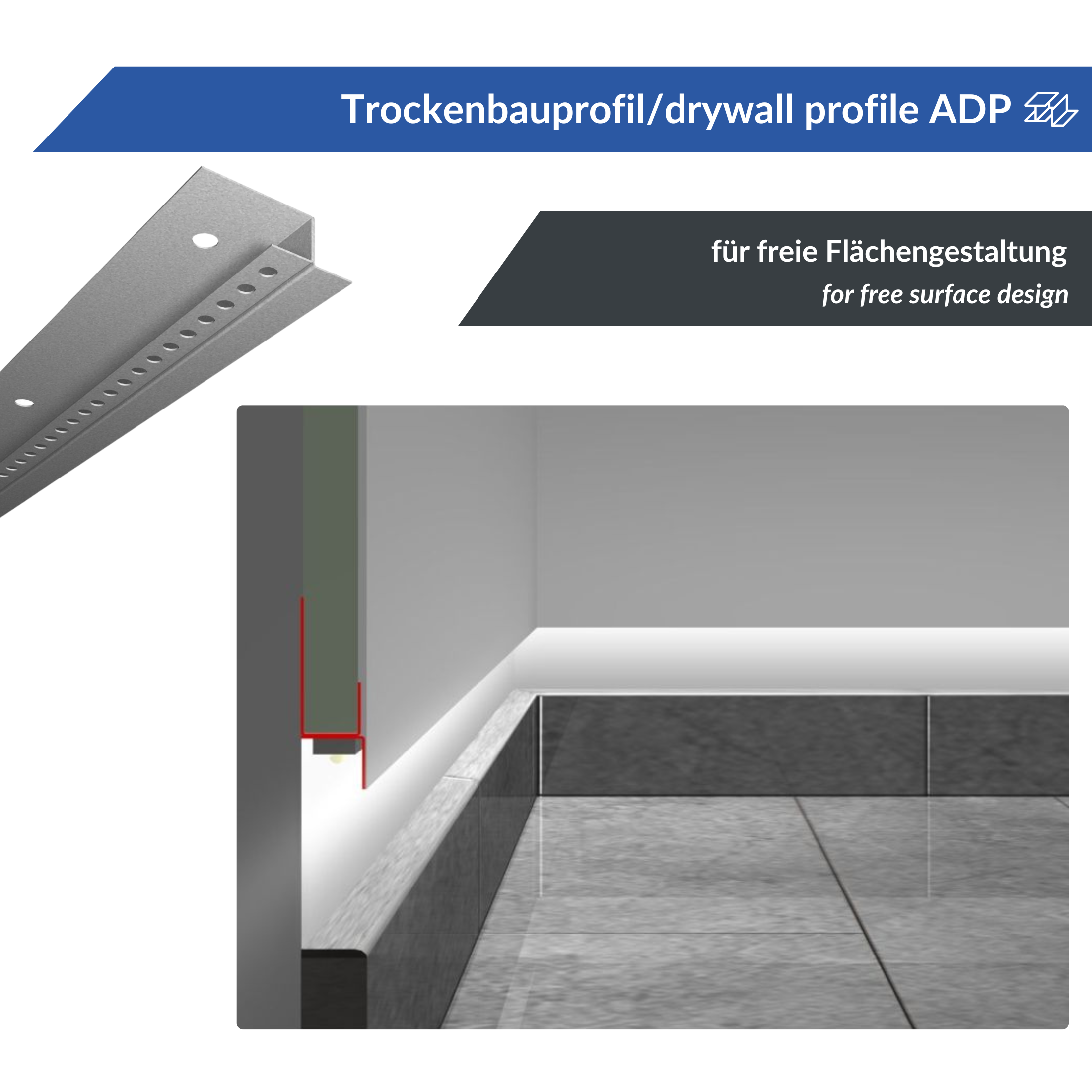 Schematische Darstellung eines Trockenbauprofil aus Metall (ADP) oben mit der Beschriftung „Trockenbauprofil/Trockenbauprofil ADP“. Unten sehen Sie eine Abbildung eines Eckabschnitts mit LED-Trockenbauprofil, die dessen Installation in einem gefliesten Ra