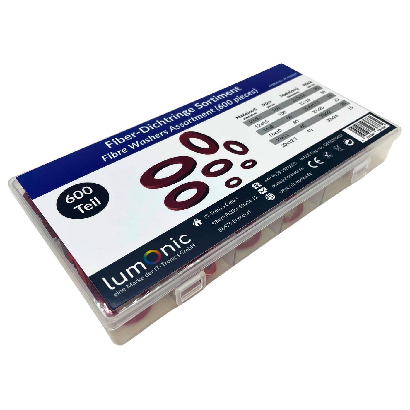 Fiber sealing ring assortment, 600 parts, 12 common sizes (10-32mm), Sanitary flat gasket set, in practical assortment box