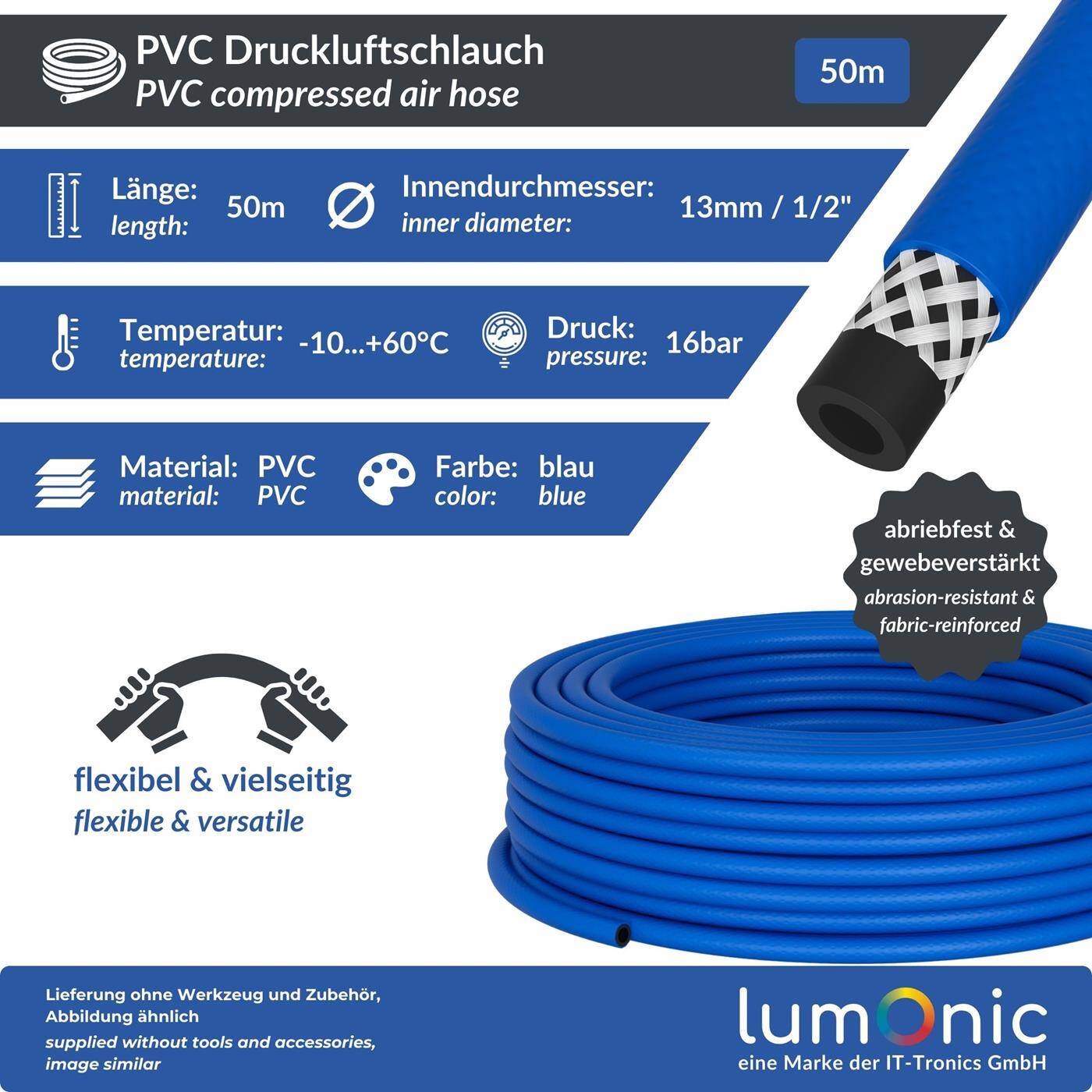 Lumonic 50m Compressed air hose I 13mm I Flexible, abrasion-resistant and fabric-reinforced I Compressed air I Water hose I PVC hose up to 20 bar