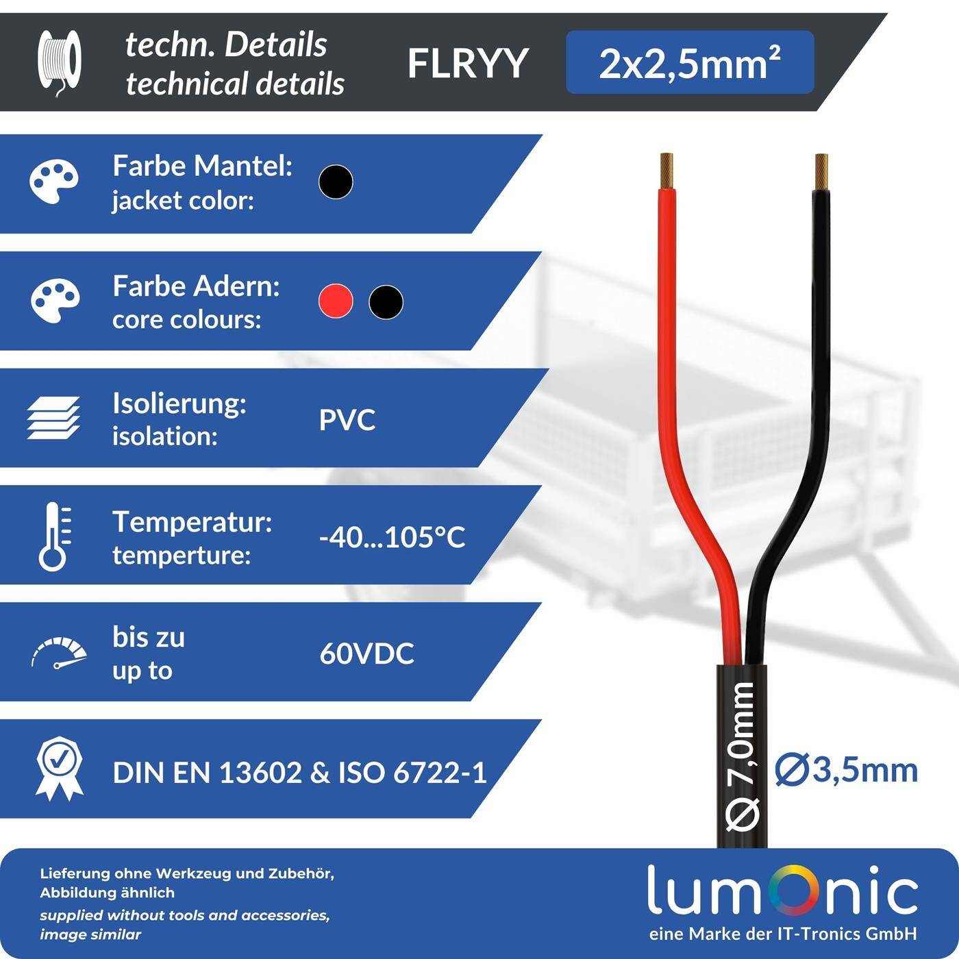 Lumonic 1m FLRYY Vehicle cable 2x2,5mm² black | 2-wire | Trailer cable | Multi-core automotive cable | Oil and fuel-resistant, flame-retardant | Low voltage
