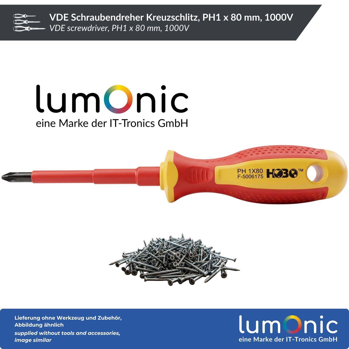 Lumonic VDE Phillips Screwdriver PH1 x 80 mm, 1000 V – S2 steel, burnished, magnetic tip, two-component handle, for electrical installations and control cabinets