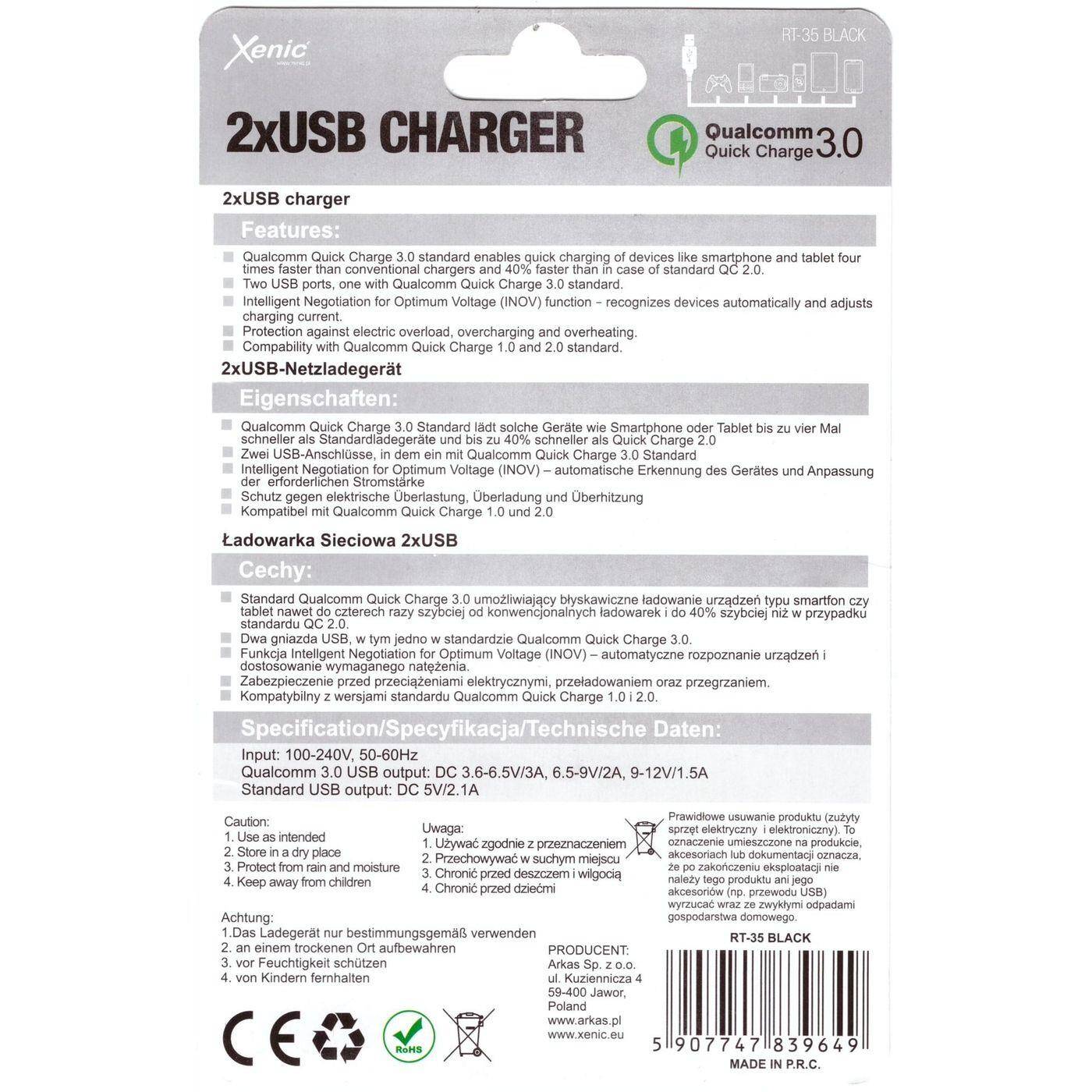 3A 2xUSB Mobile Charger black Xenic RT-35 Black 15W AC DC Adpater