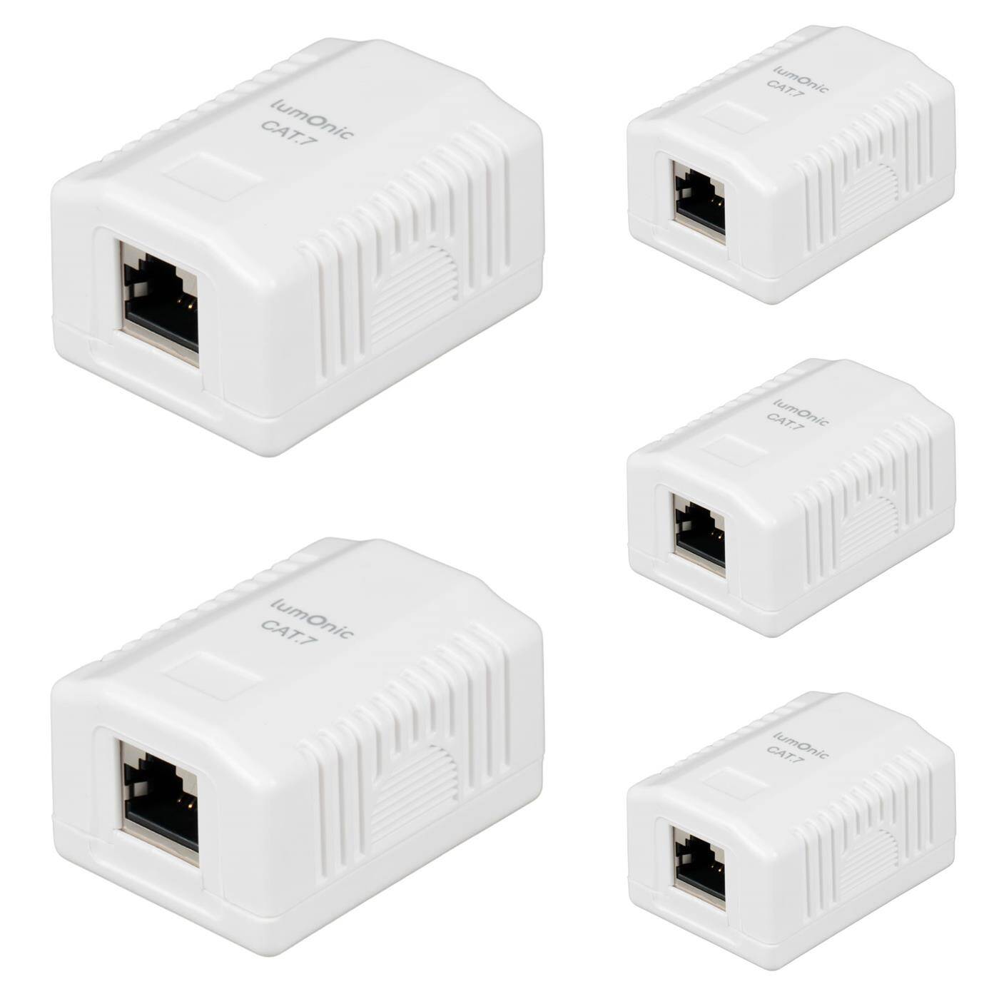 5er Set Netzwerkdose Aufputz CAT7, 1-Port RJ45, Anschluss unten, ohne Stemmen nachrüsten, LSA-Montage, T568A/B farbcodiert, ABS Kunststoffgehäuse, weiß, Ethernet-Dose bis zu 10 Gbit/s