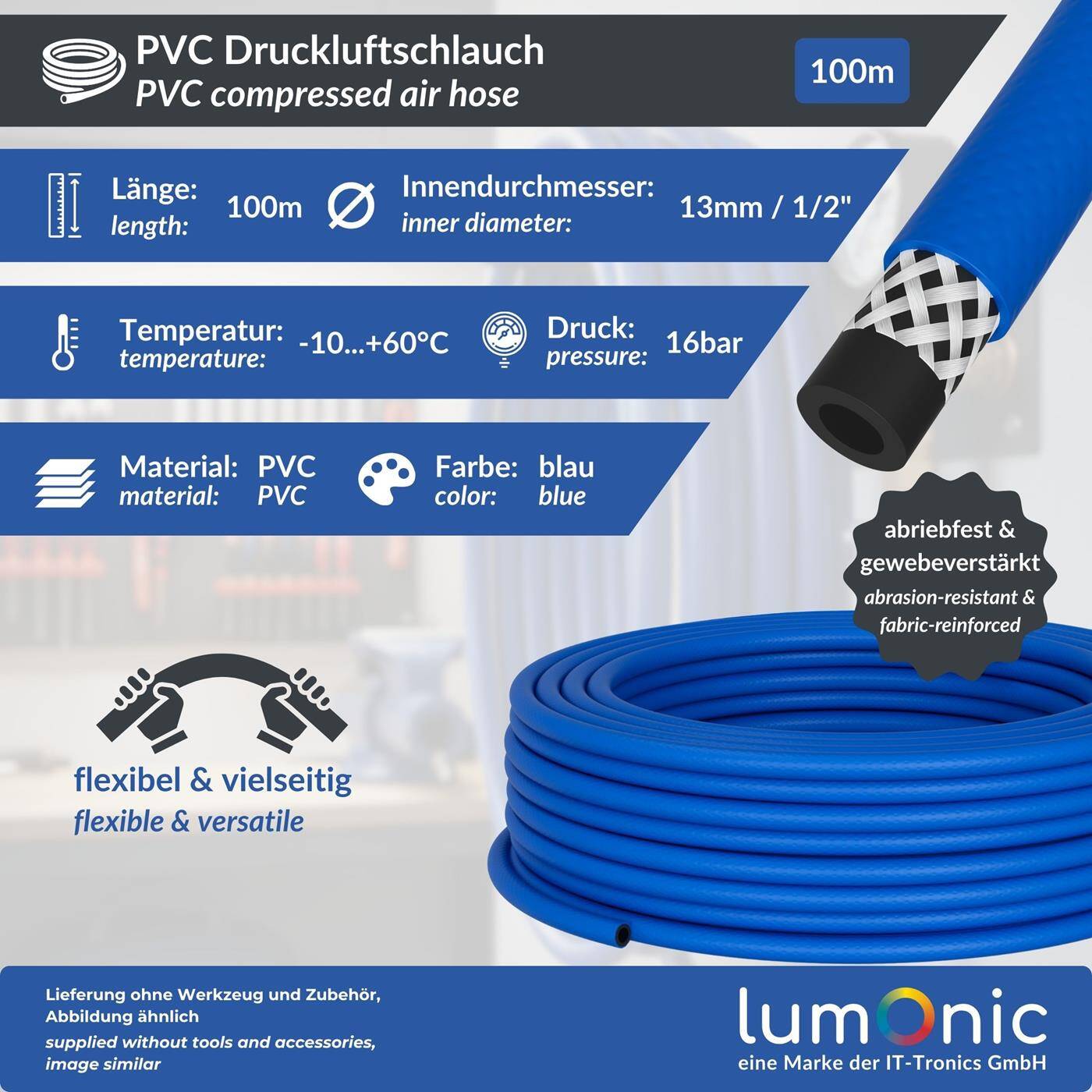 100m Druckluftschlauch 13mm Druckluft & Bewässerung Wasserschlauch PVC Schlauch bis 16 bar flexibel, abriebfest und gewebeverstärkt 100m Druckluftschlauch 13mm Druckluft & Bewässerung Wasserschlauch PVC Schlauch bis 16 bar flexibel, abriebfest und gewebeverstärkt