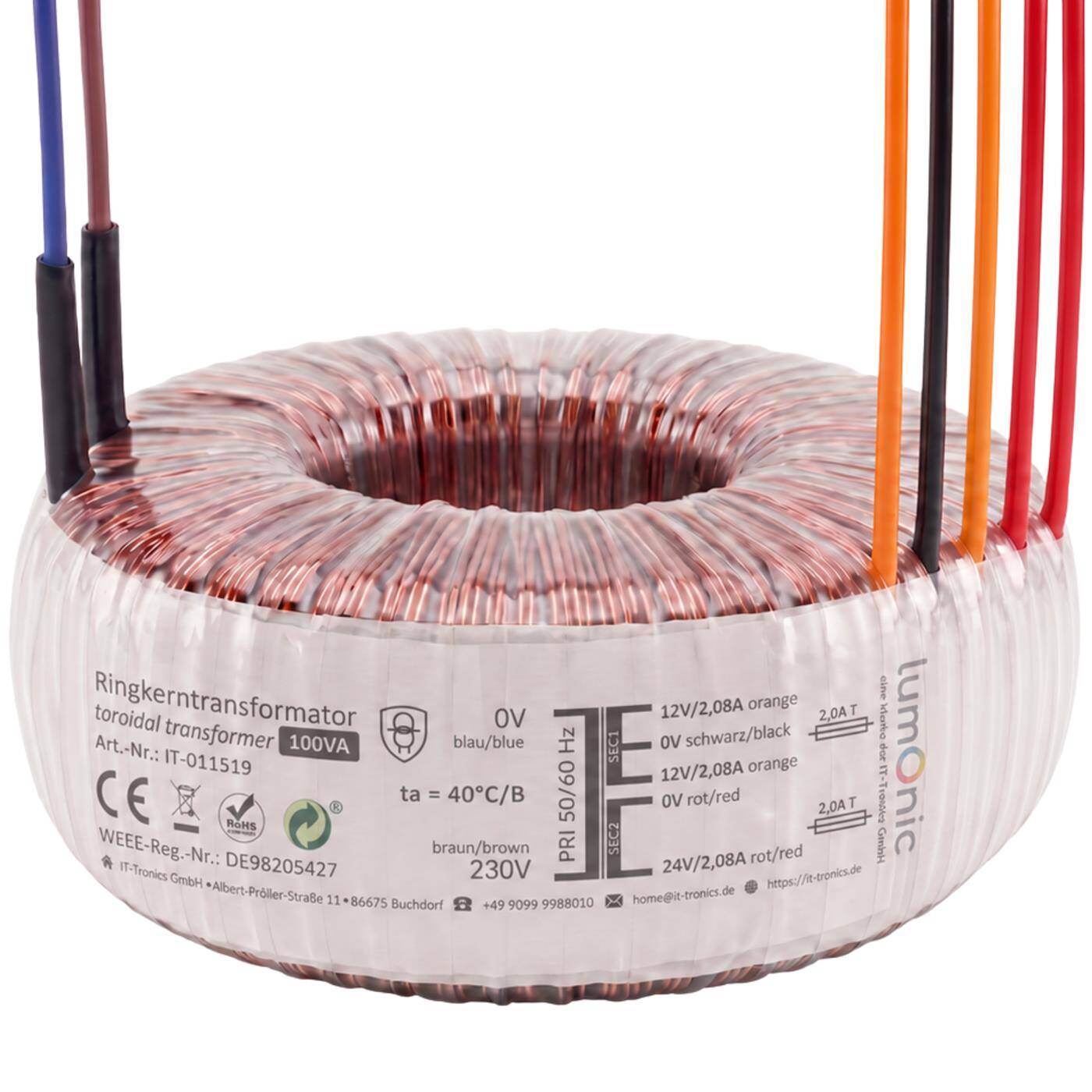 Lumonic Toroidal Transformer, 100 VA, 2x 12 V + 24 V, 230 V - toroidal transformer, 230 V primary, 2x 12 V + 24 V simultaneously, for amplifier construction, power supplies, lighting