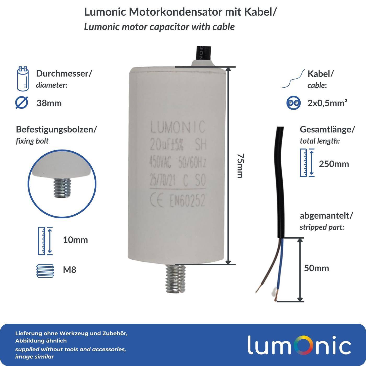 Lumonic Anlaufkondensator 20µF 450V | mit Kabel I 38x75mm I 20uF I Motorkondensator mit Kunststoffgehäuse I Betriebskondensator I für Pumpen, Rasenmäher, Werkzeuge