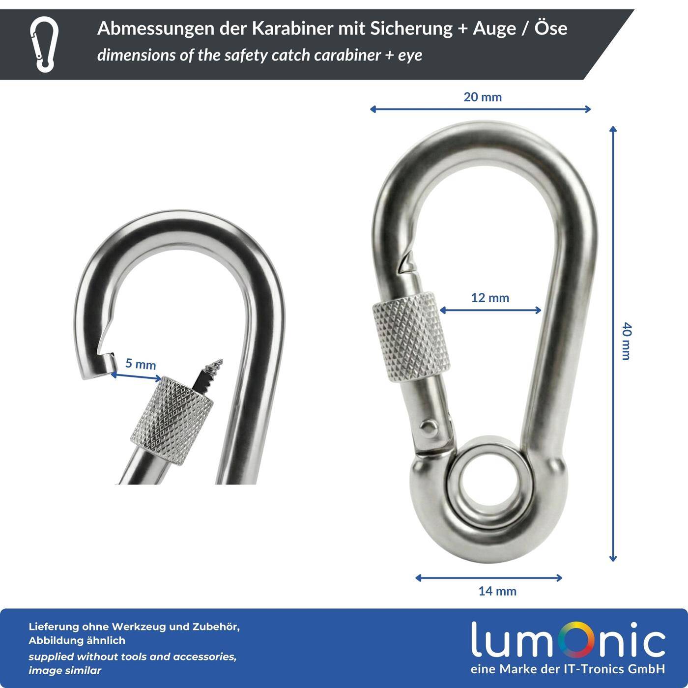Lumonic Carabiner with safety catch + eye V4A stainless steel | 4x40mm | Stainless + seawater resistant | Prevents twisting + no accidental opening | for awnings, hammocks, dogs, camping