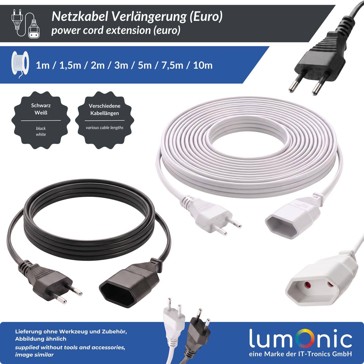 Lumonic Eurostecker Verlängerungskabel 3-fach, Schwarz 1,5 m, 230 V - Drei Geräte an einem Kabel, für Fensterbank, Schreibtisch und TV-Board, kindersichere Buchsen, Eurostecker mit Knickschutz