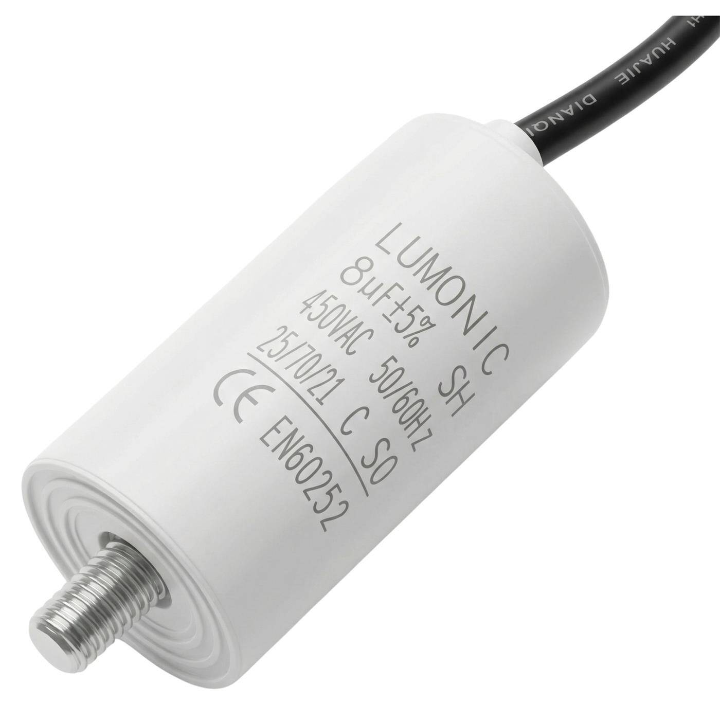 Lumonic Anlaufkondensator 8µF 450V | mit Kabel I 30x60mm I 8uF I Motorkondensator mit Kunststoffgehäuse I Betriebskondensator I für Pumpen, Rasenmäher, Werkzeuge