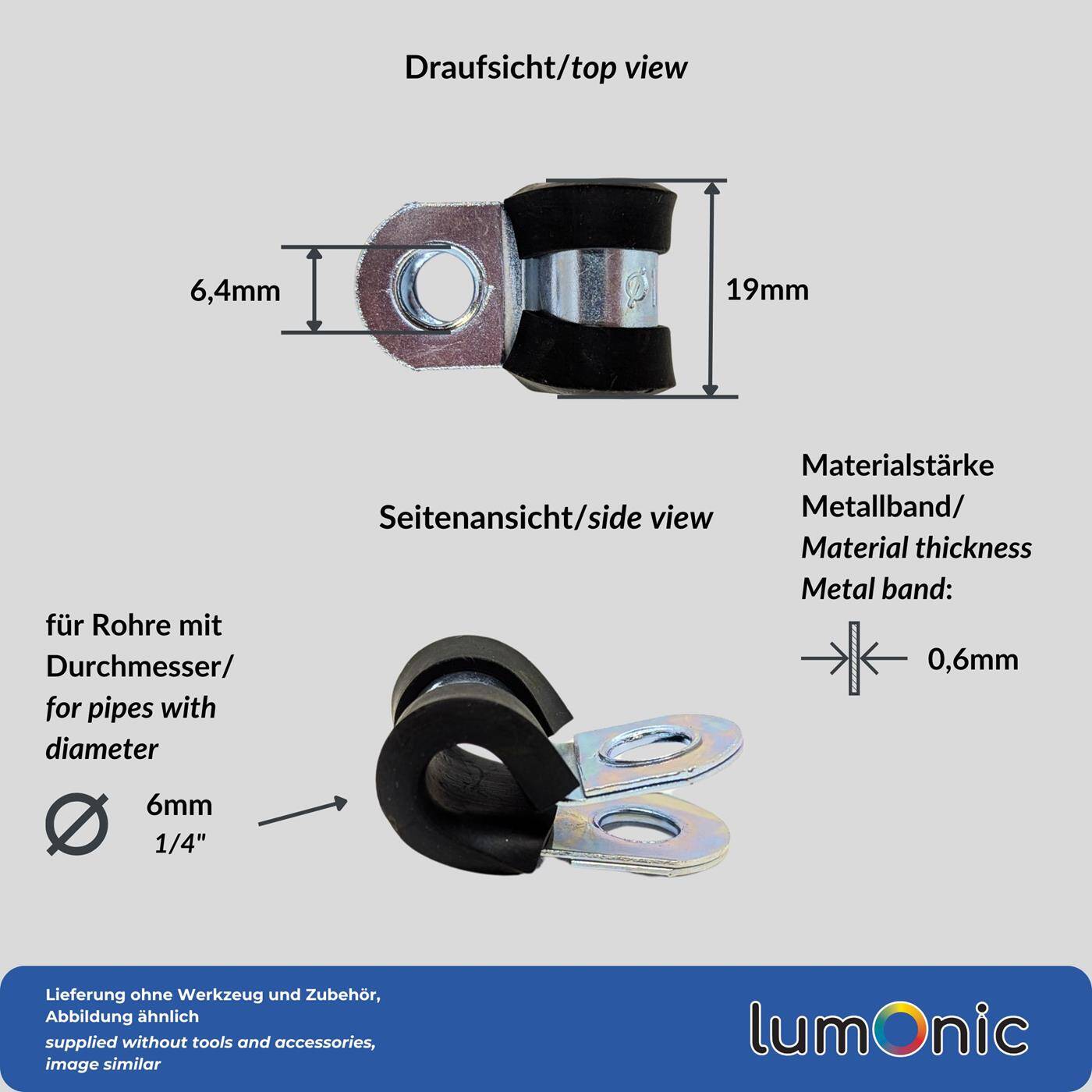 Lumonic 5x 6mm Rohrschellen mit Gummieinlage I Kabelschellen zum Schrauben I Schlauchschelle 6mm, Rohrschellen, Befestigungsschelle 6mm, Rohrhalterung