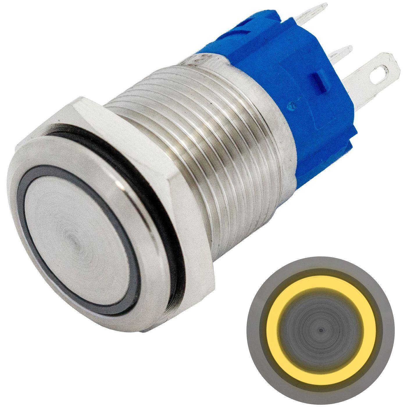 Stainless steel Push button Flat Ø16mm Ring LED Yellow IP65 2,8x0,5mm Pins 250V 3A Vandal-proof