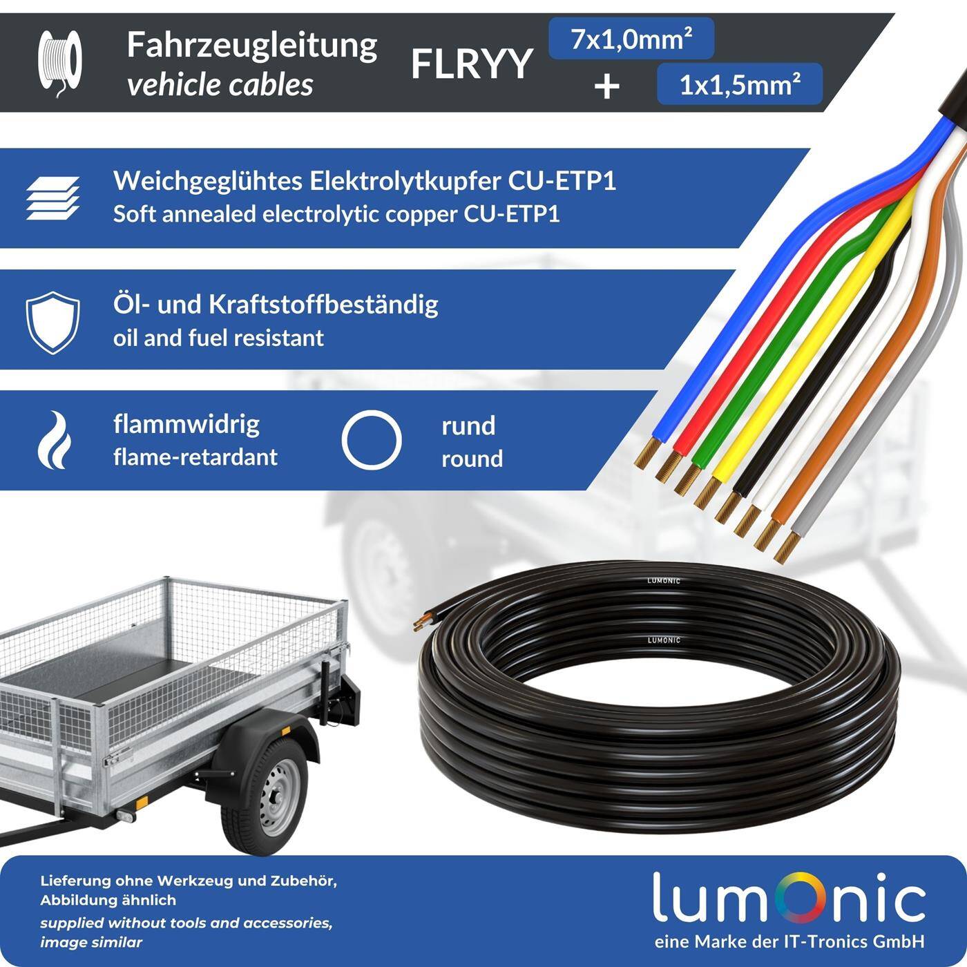 1m FLRYY Vehicle cable 7x1mm² + 1x1,5mm² round Cable CAR Trailer cable Low voltage