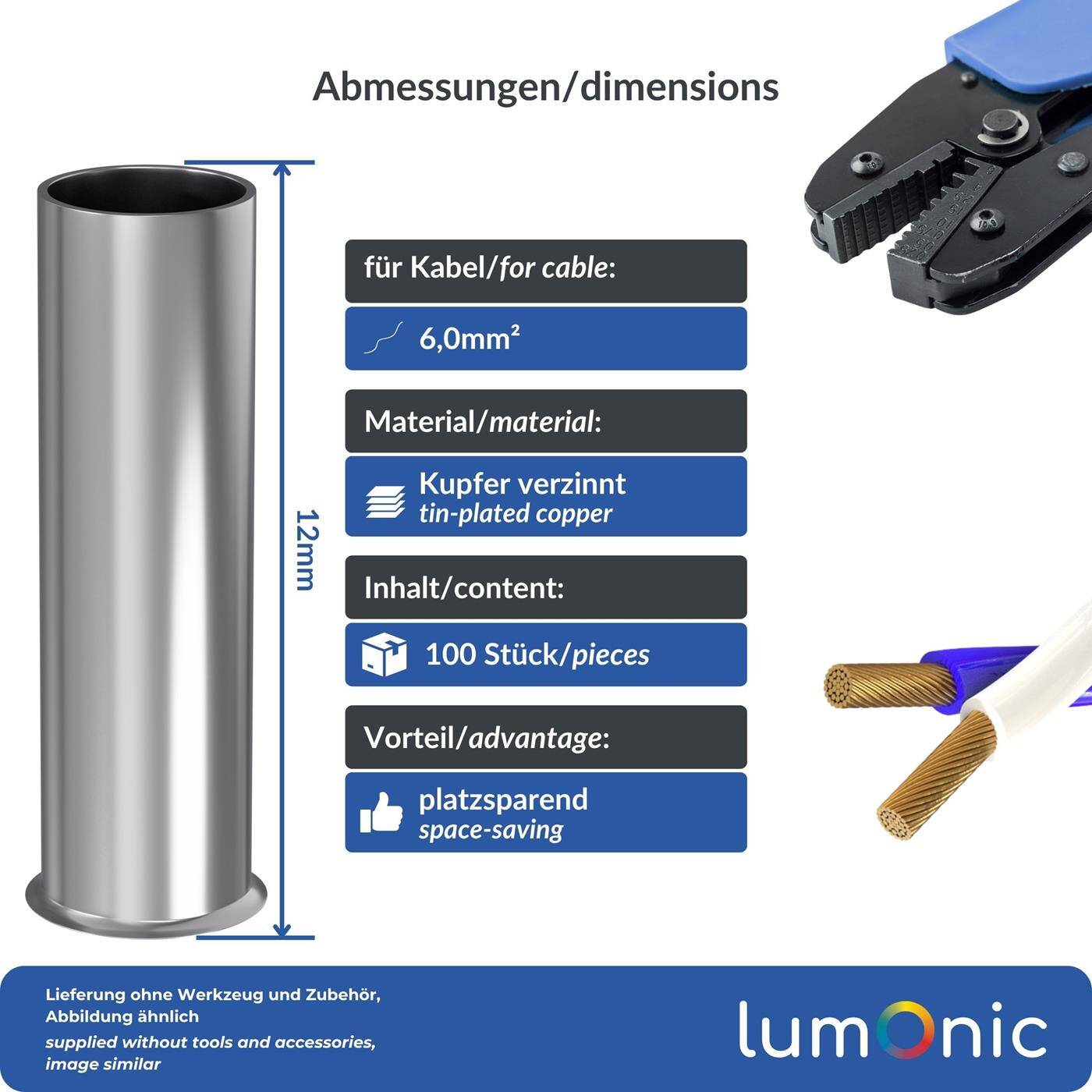 100x Aderendhülse blank 6mm² Kupfer verzinnt 3,5x12mm Hülse