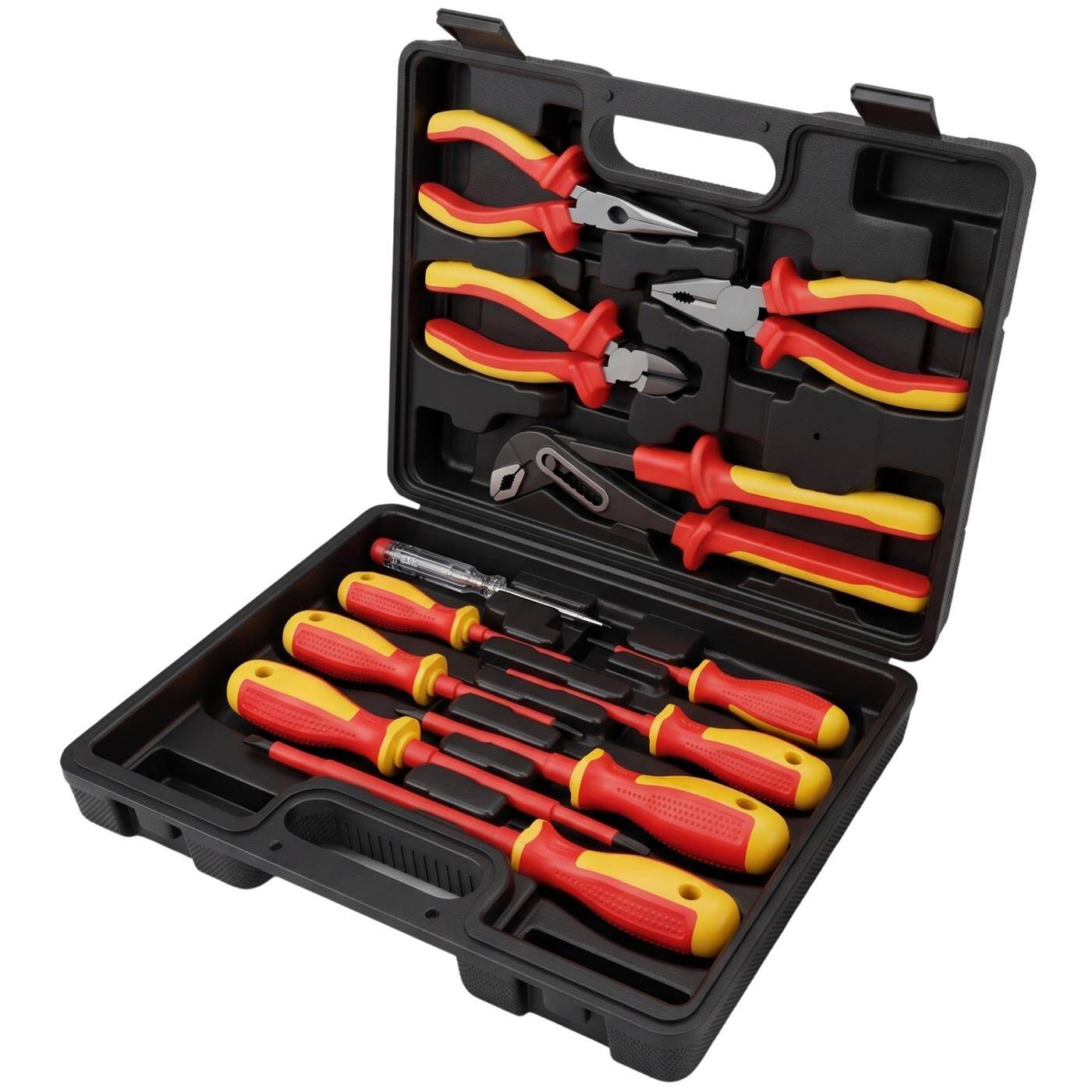 Lumonic VDE 13-Piece 1000V Tool Set in a Case - 4 pliers (including a water pump pliers), 7 screwdrivers, 250V voltage tester, plastic case, for electricians