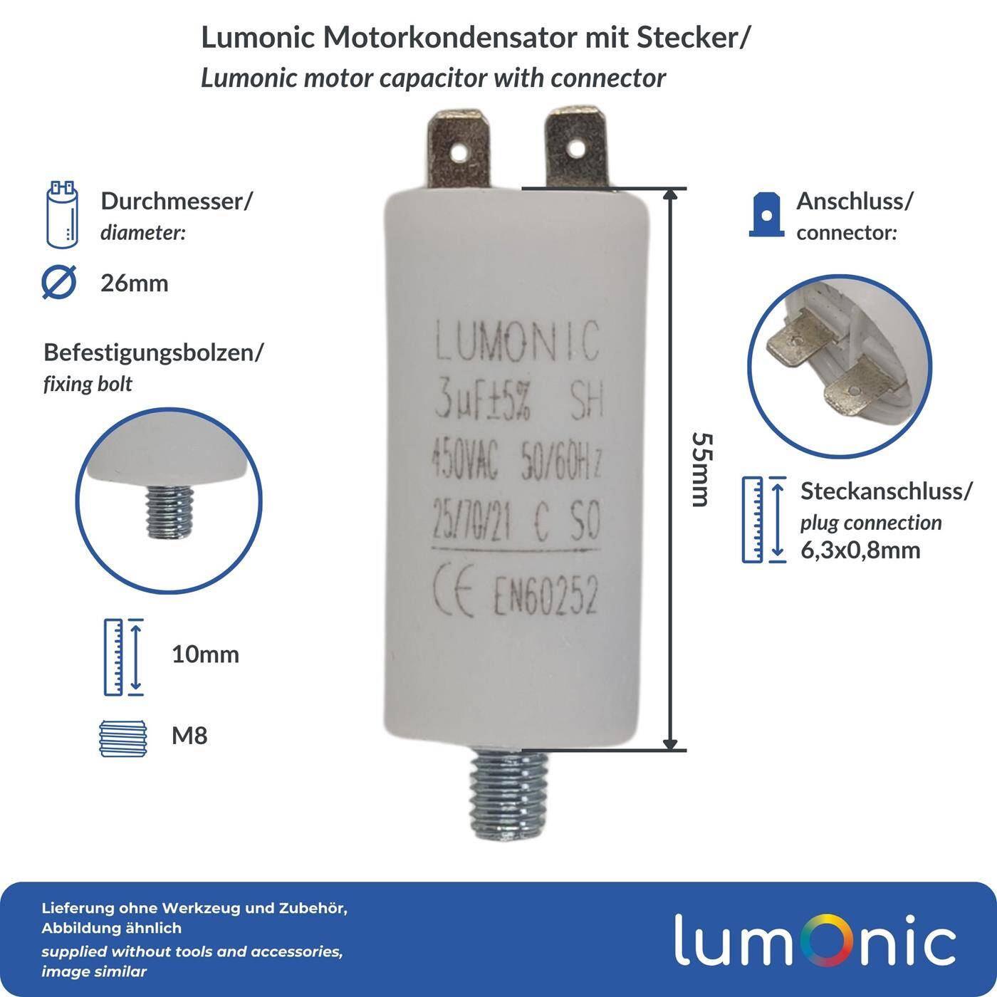 Lumonic Anlaufkondensator 3µF 450V | mit Stecker I 26x55mm I 3uF I Motorkondensator mit Kunststoffgehäuse I Betriebskondensator I für Pumpen, Rasenmäher, Werkzeuge
