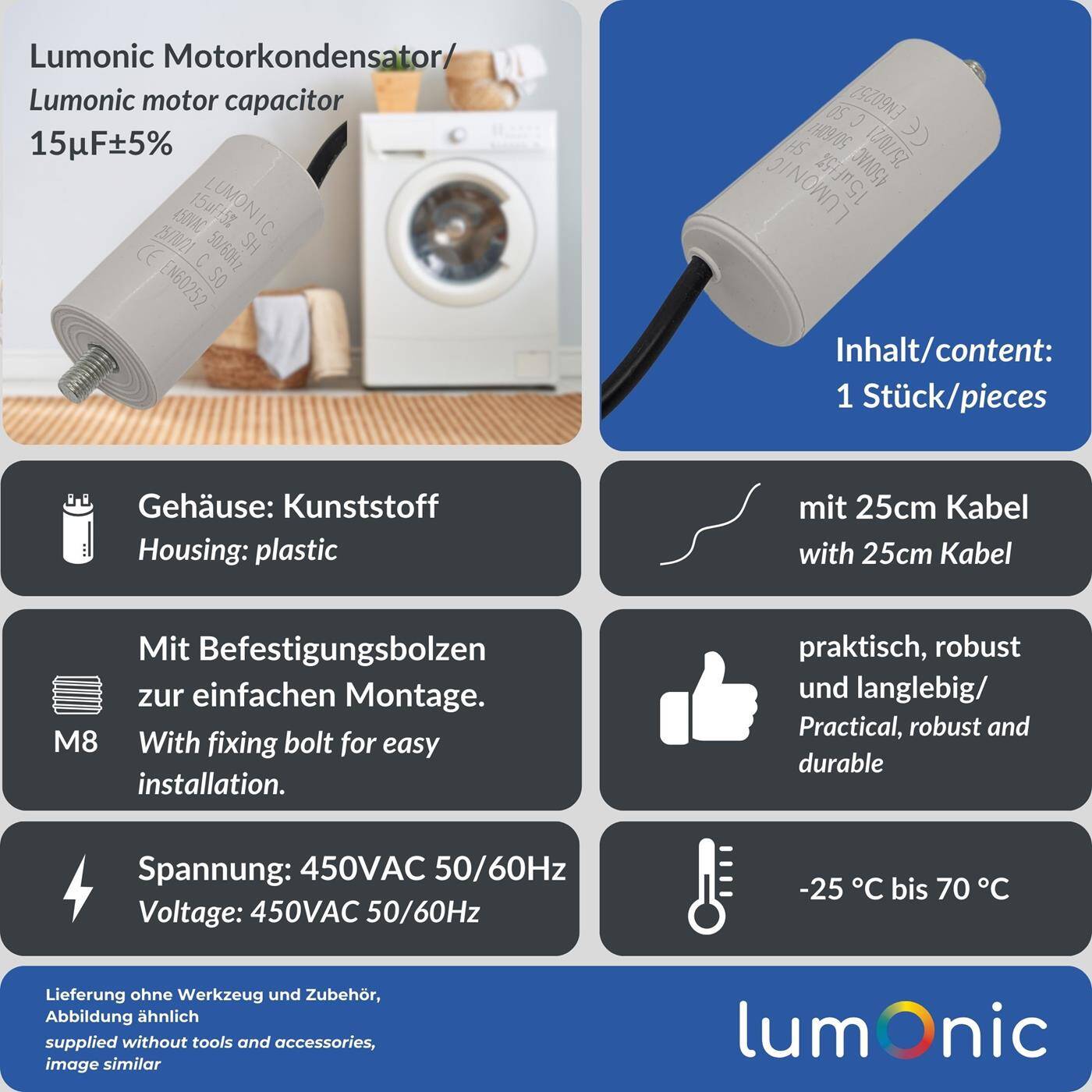 Lumonic Anlaufkondensator 15µF 450V | mit Kabel I 34x70mm I 15uF I Motorkondensator mit Kunststoffgehäuse I Betriebskondensator I für Pumpen, Rasenmäher, Werkzeuge