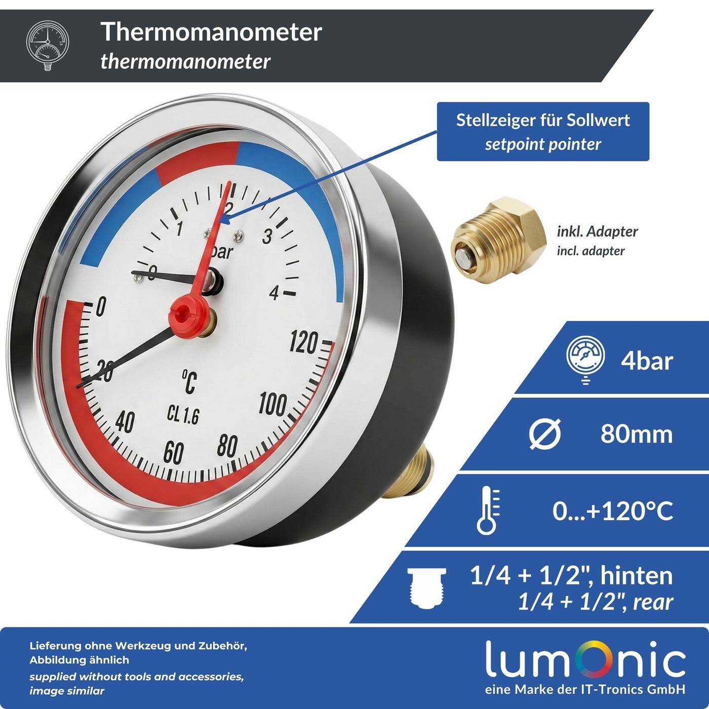 Thermomanometer 4bar 0-120°C 1/4 + 1/2 inch (adapter) Rear connection Ø 80mm large scale Heating pressure gauge Metal housing