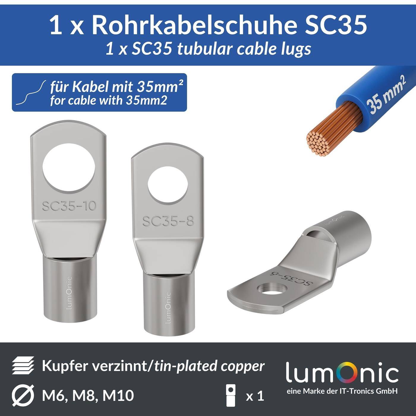 Lumonic 1x Rohrkabelschuh 35mm² blank | M6 | Kupfer verzinnt | Kabelverbindung ohne Löten | SC35-6, Crimp-Kabelschuh, Quetschverbinder | KFZ, Maschinenbau, Wohnmobil, Batterie