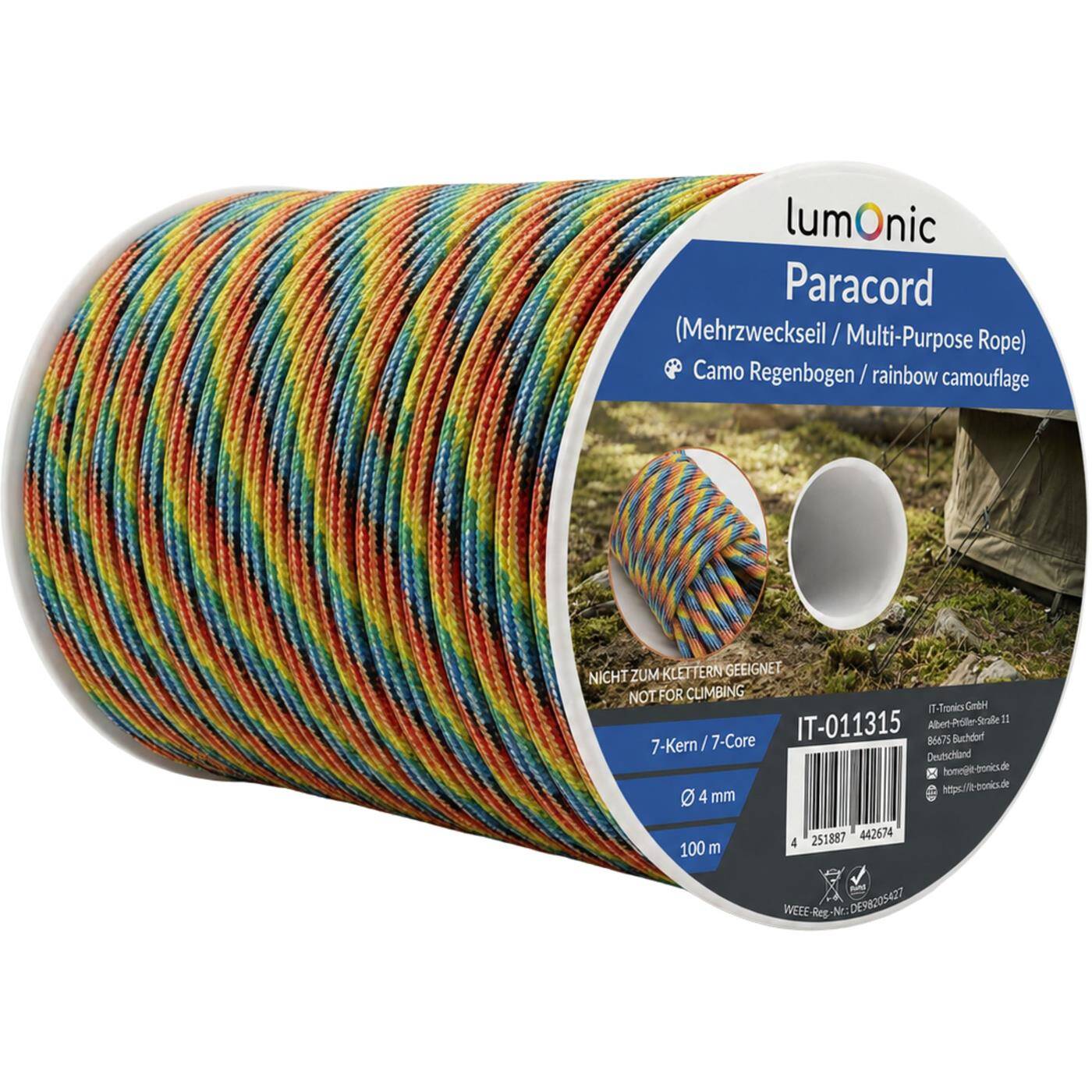 Lumonic 100m Paracord 4mm Camo rainbow | 100% nylon | 7 cores, 32 strand sheath | Max. 125 kg load capacity | dog leash, bracelet, outdoor, bushcraft, tent cord