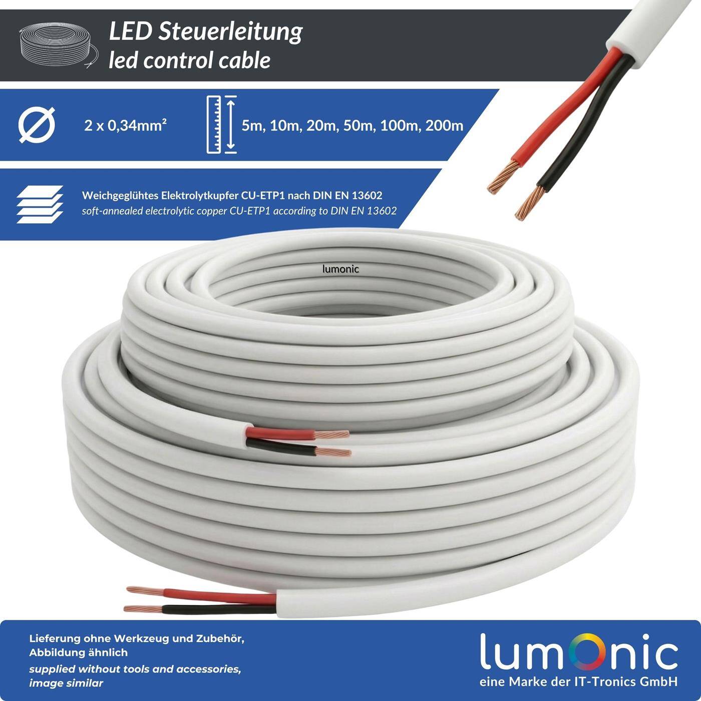 Lumonic 2x0,34mm² LED Control line  1m | sheathed 2-core flexible cable | LiYY Extension, Power cable, LED supply line, Control cable