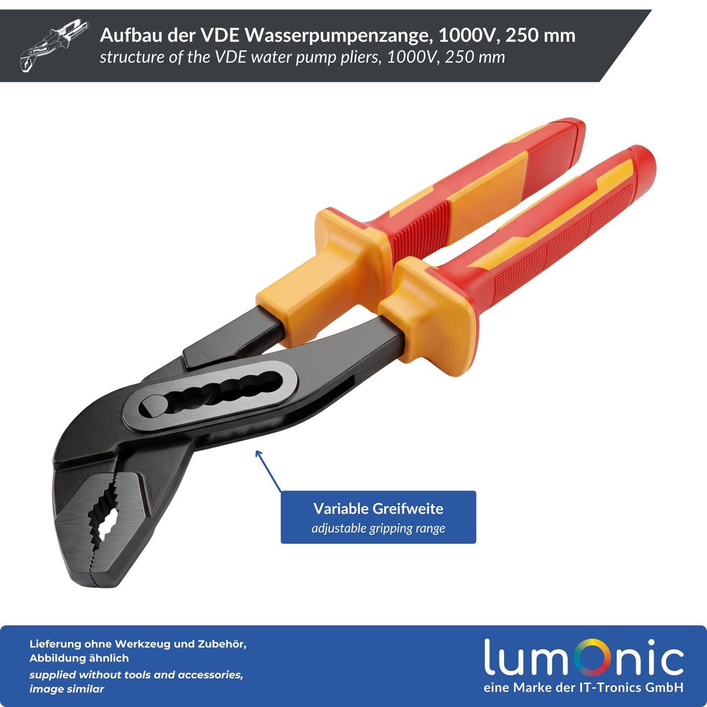Lumonic VDE Water Pump Pliers 1000V, 250 mm - Box joint with locking nut, jaw opening up to 36 mm, 60CrV steel, for electrical and plumbing work