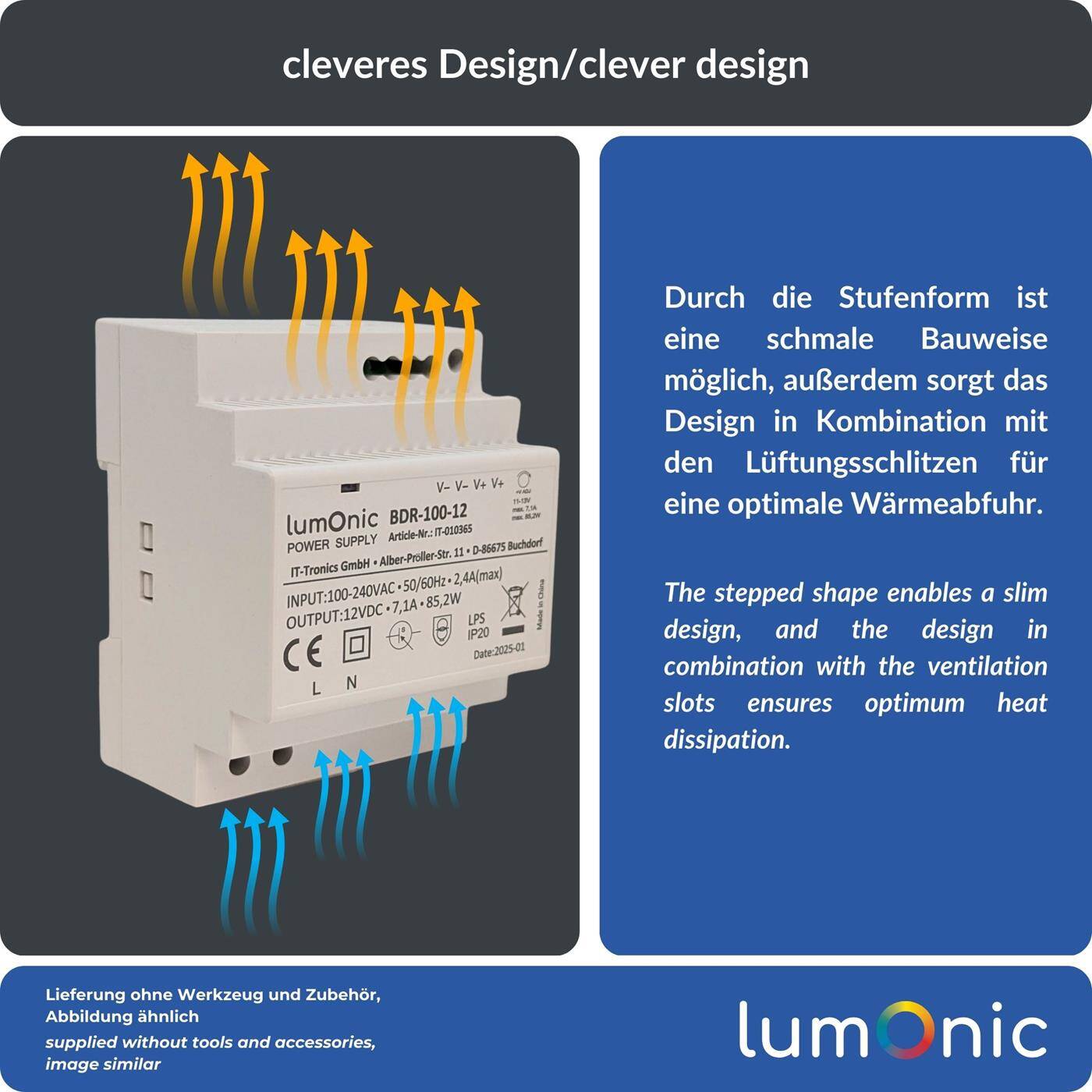 Lumonic I Netzteil Hutschiene BDR-100-12 I 12V / 85,2W I Input 100-240VAC I Überlastschutz & kurzschlussfest I DIN-Rail Schaltnetzteil I Schaltschrank & Verteilerkasten