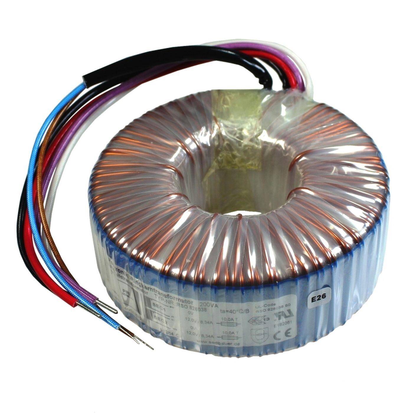 Lumonic Ringkerntrafo Transformator 200VA 2x6V für Audio, Industrie, Halogen und Schienensysteme - 230V Eingangsspannung - 12V Sekundärspannung - Modell RSO-826036